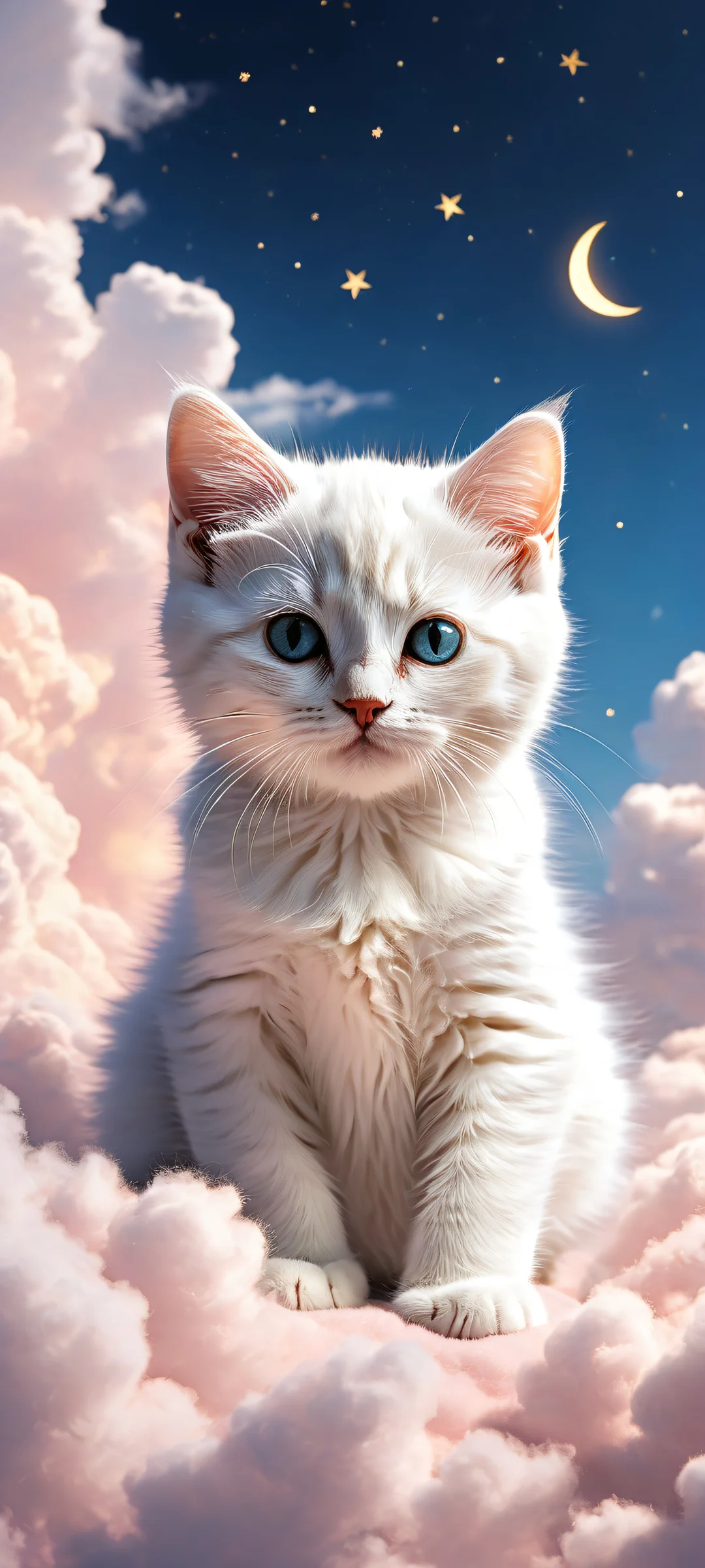 A minimalist kitten in a crescent moon-shaped body adorned with white fluffy clouds and gold-dusted shooting stars, perfekt für iPhone/Android-Startbildschirme.