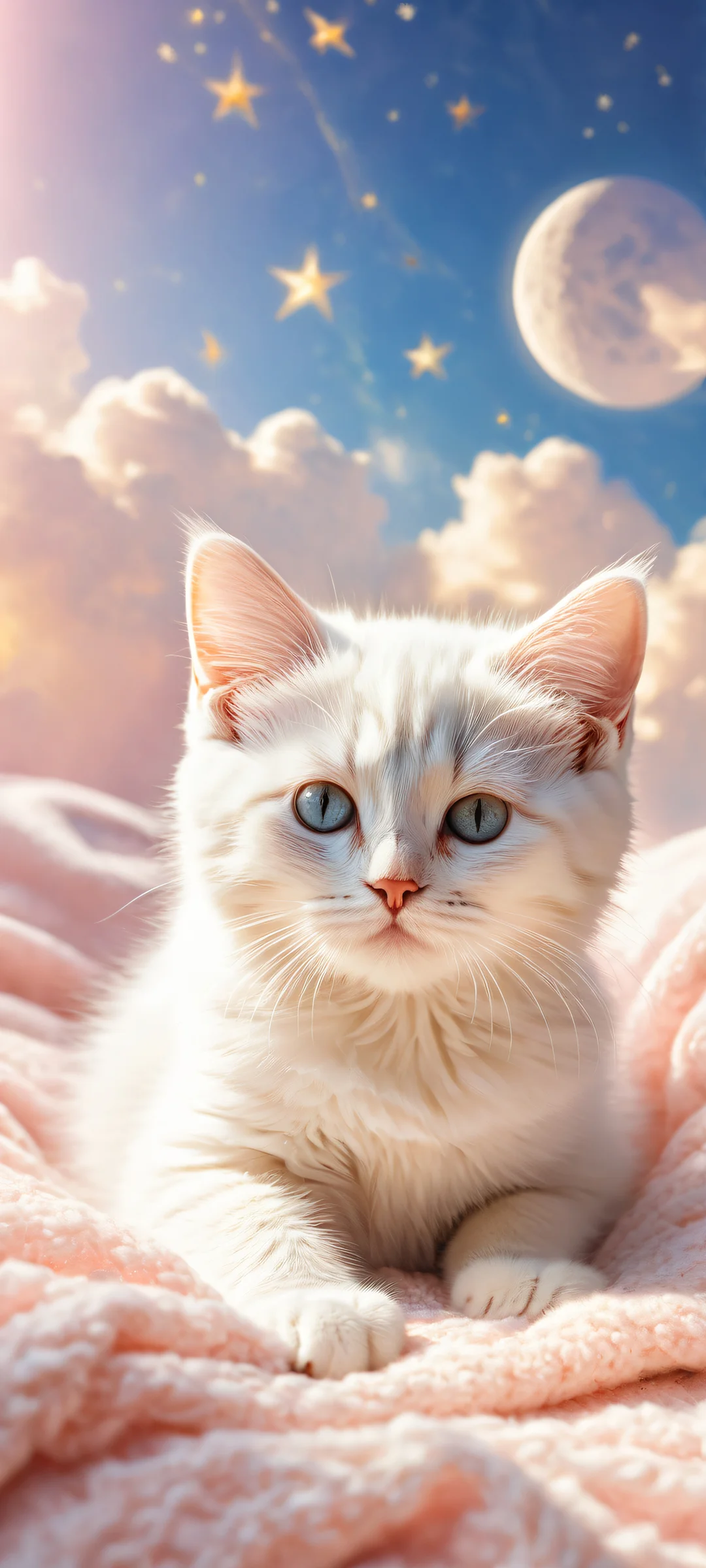 A serene featureless kitten nestled in a crescent moon with microscopic details and golden stars against an empty white background, perfectly optimized for iPhone, Samsung Galaxy, and Android home screens.