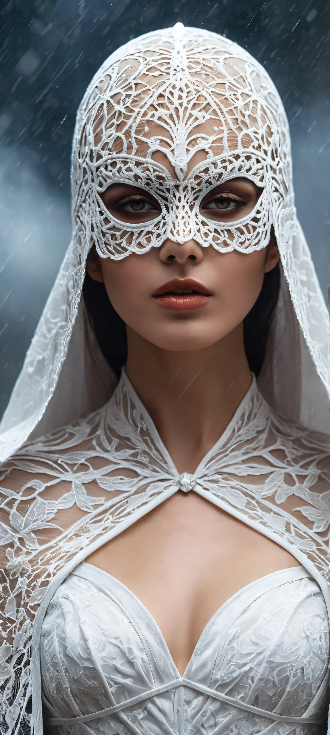 A masked heroine stands out against a rain-soaked background on an iPhone or Android device. The artwork features intricate details and textures.
