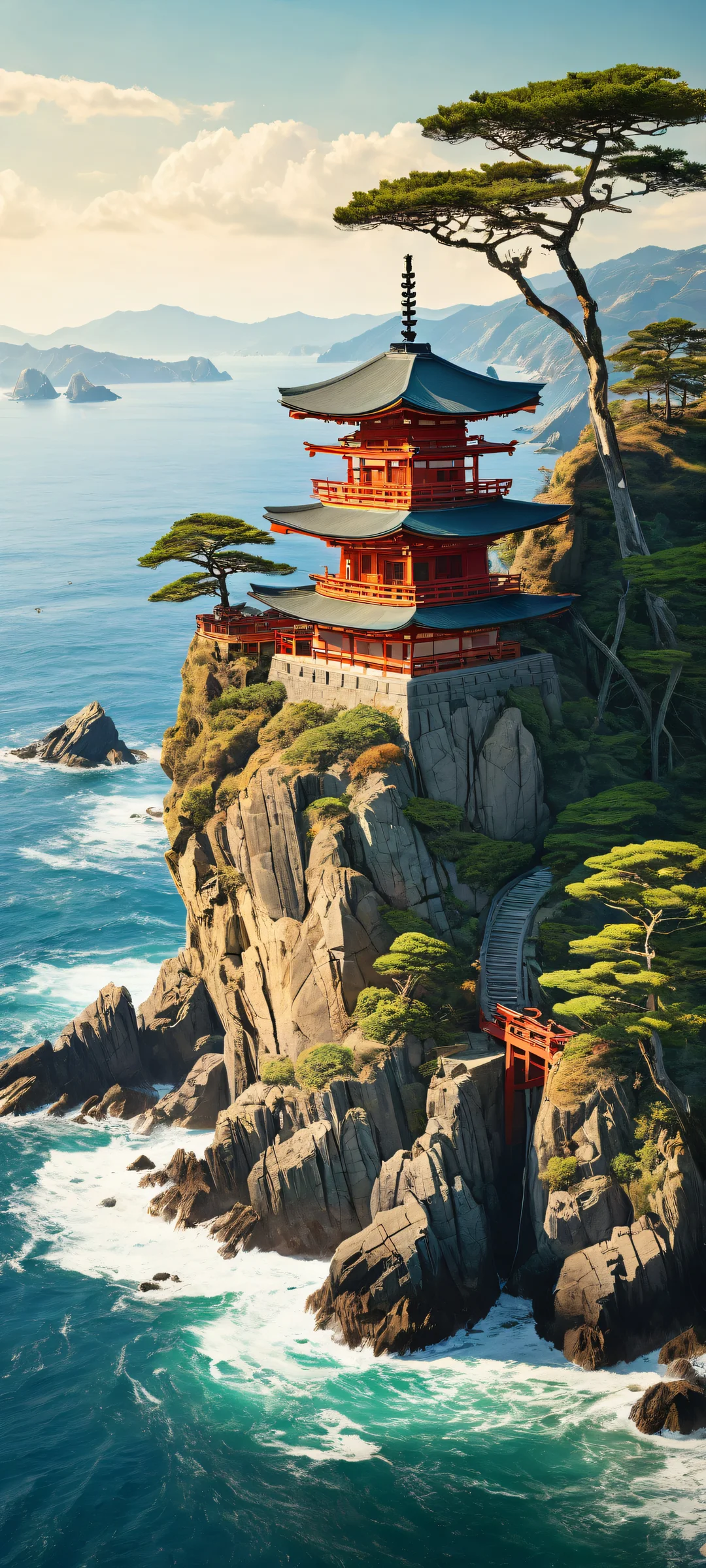 A serene Shinto shrine stands poised on a rocky cliff's edge, overlooking the vast ocean below. Perfectly designed for iPhone/Android home screens.