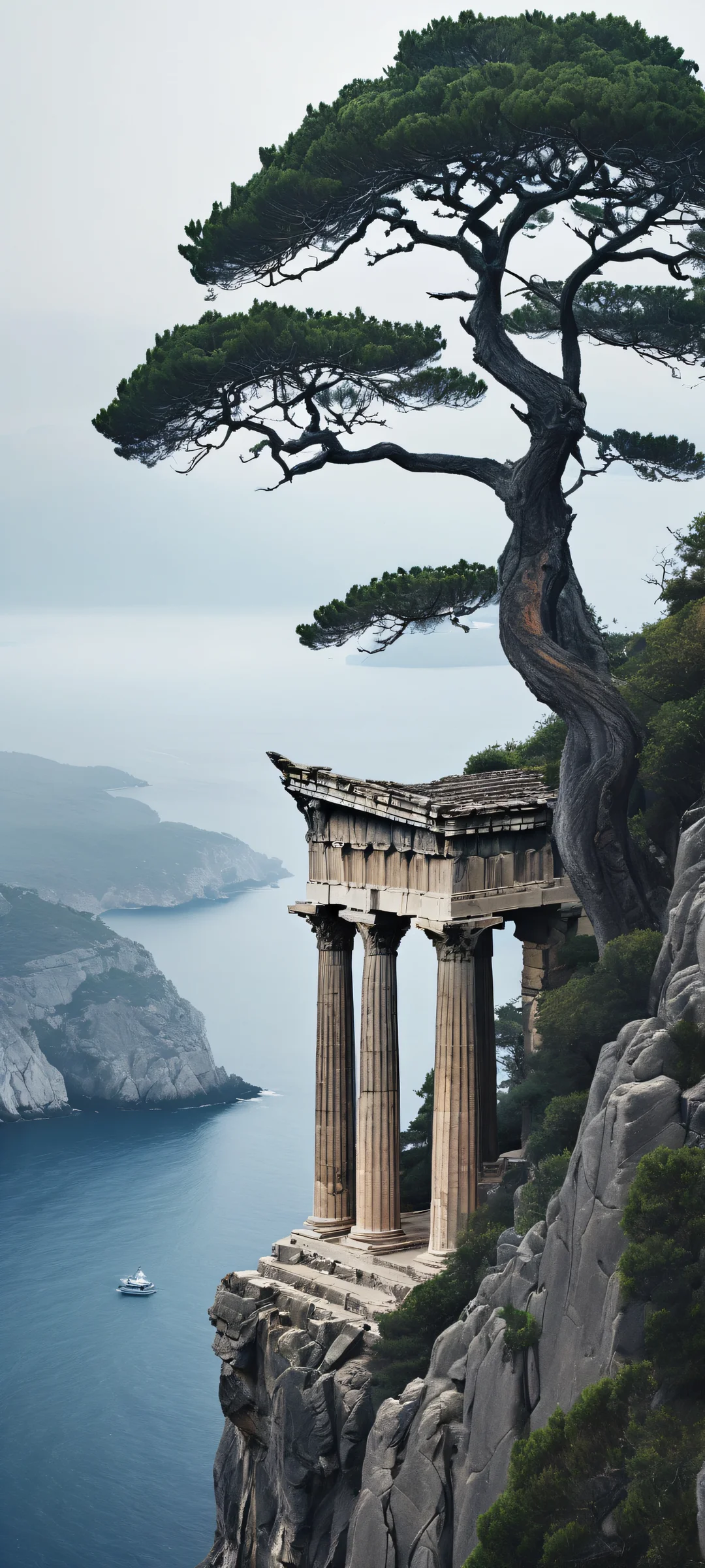 Innocent whimsical artwork of a Greek temple standing atop a cliff overlooking the sea, with a gothic dark forest in the background, perfectly optimized for iPhone and Android home screens.