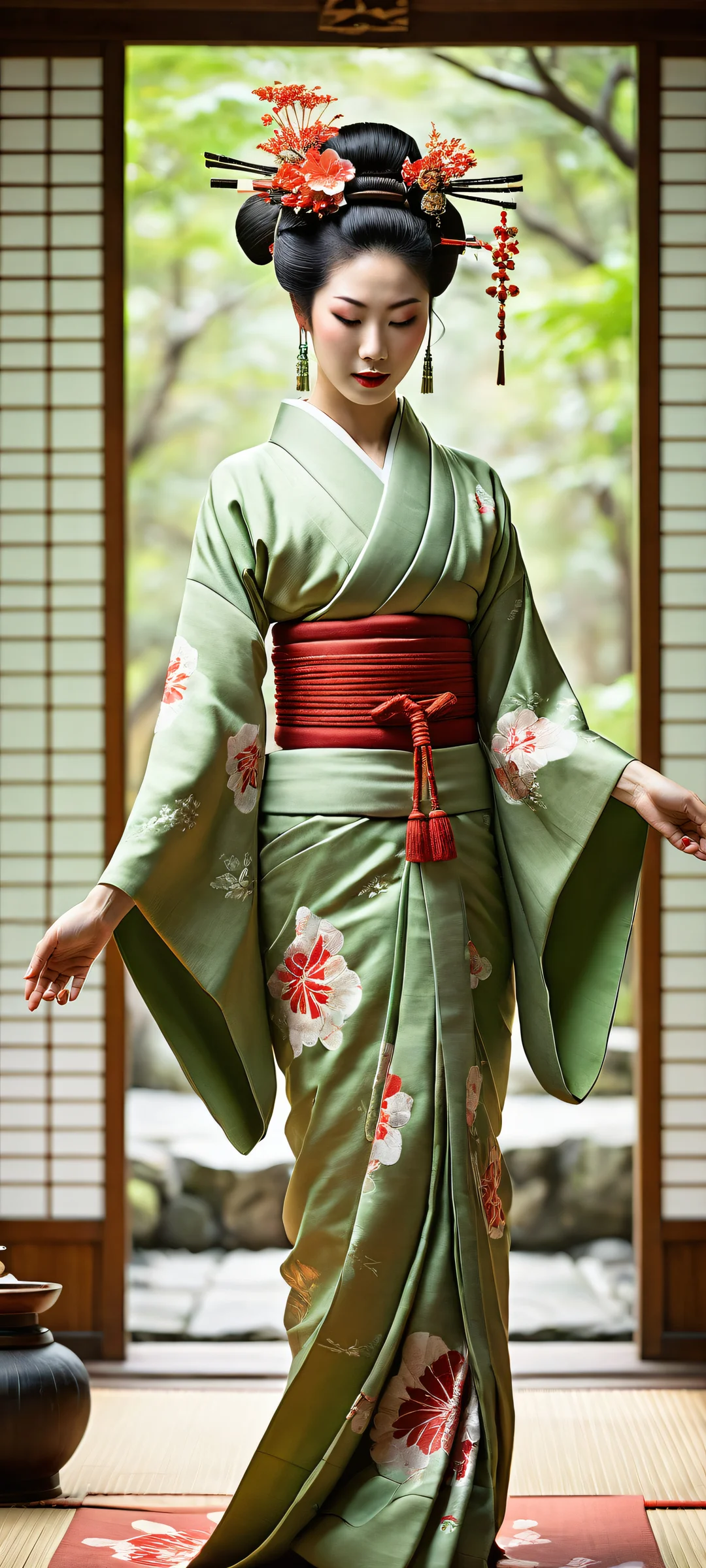 iPhone/Android wallpaper featuring a stunning Geisha shibari tea ceremony artwork with intricate details and ethereal lighting