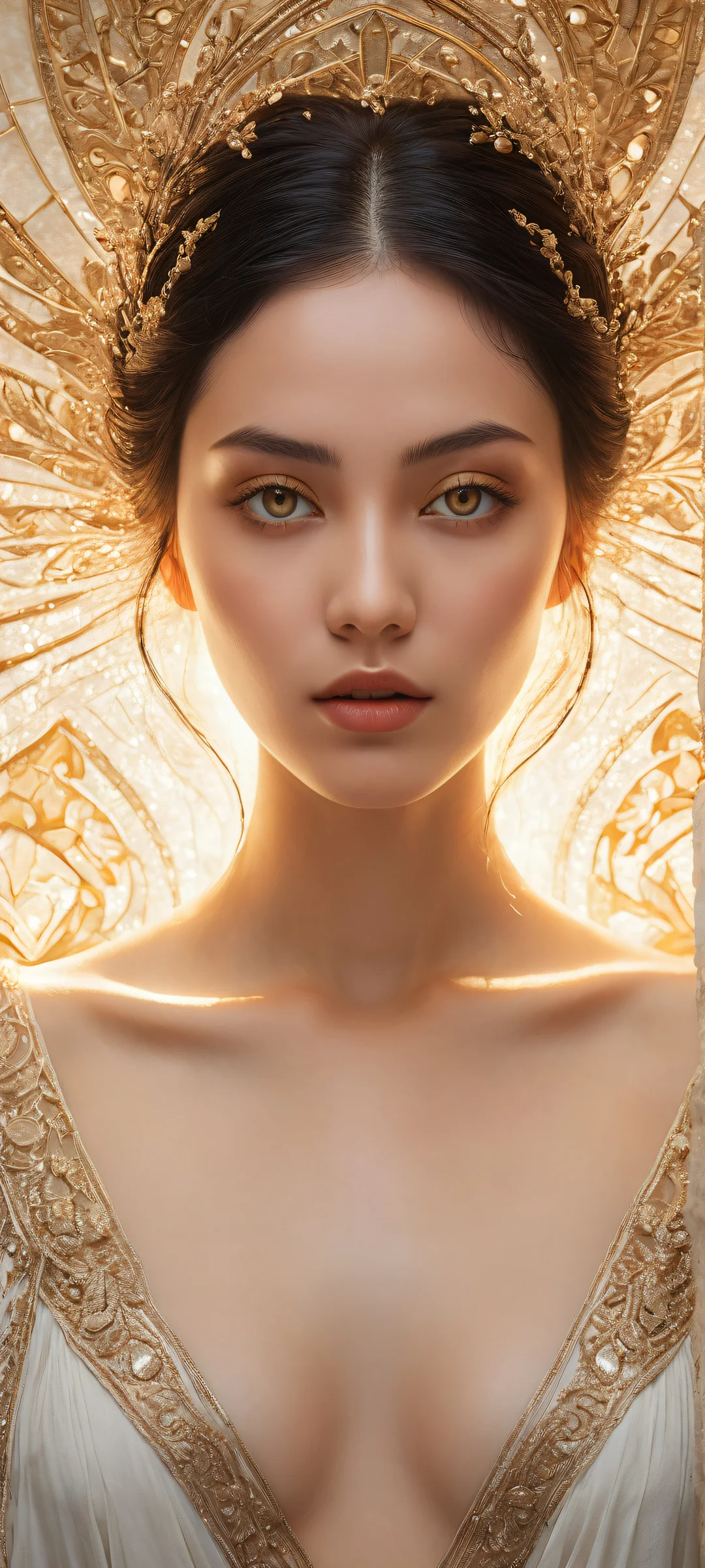 Whispers of the Unknown QHD Smartphone Backgroundparfaitement optimisé pour les écrans d'accueil iPhone/Android A lone figure with striking amber eyes and black hair on a pure void background, perfectly optimized for iPhone/Android home screens.