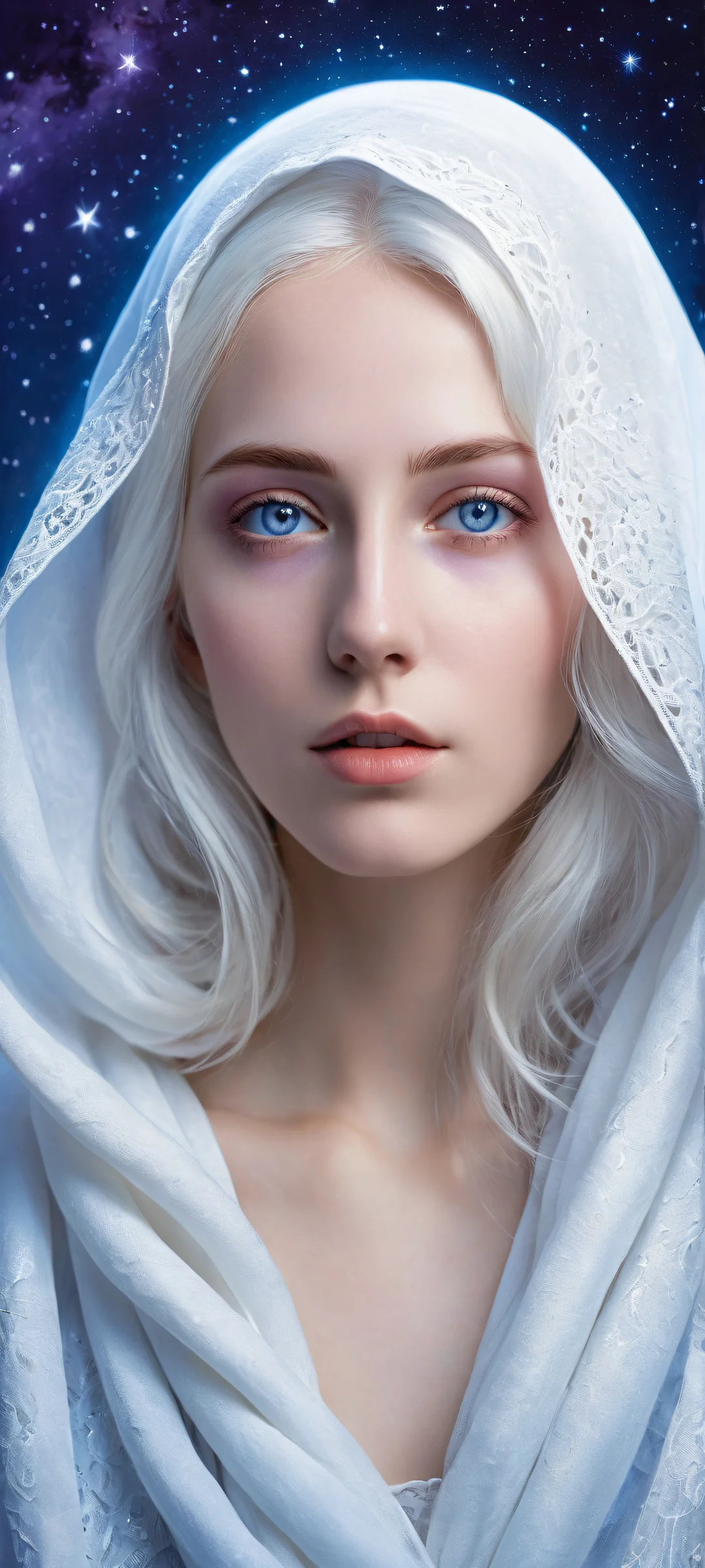 Whispers of the Void 2K Mobile Background A mystic girl with piercing blue eyes gazes directly at you on your iPhone or Android, surrounded by a starry night sky and intricate micro-details.
