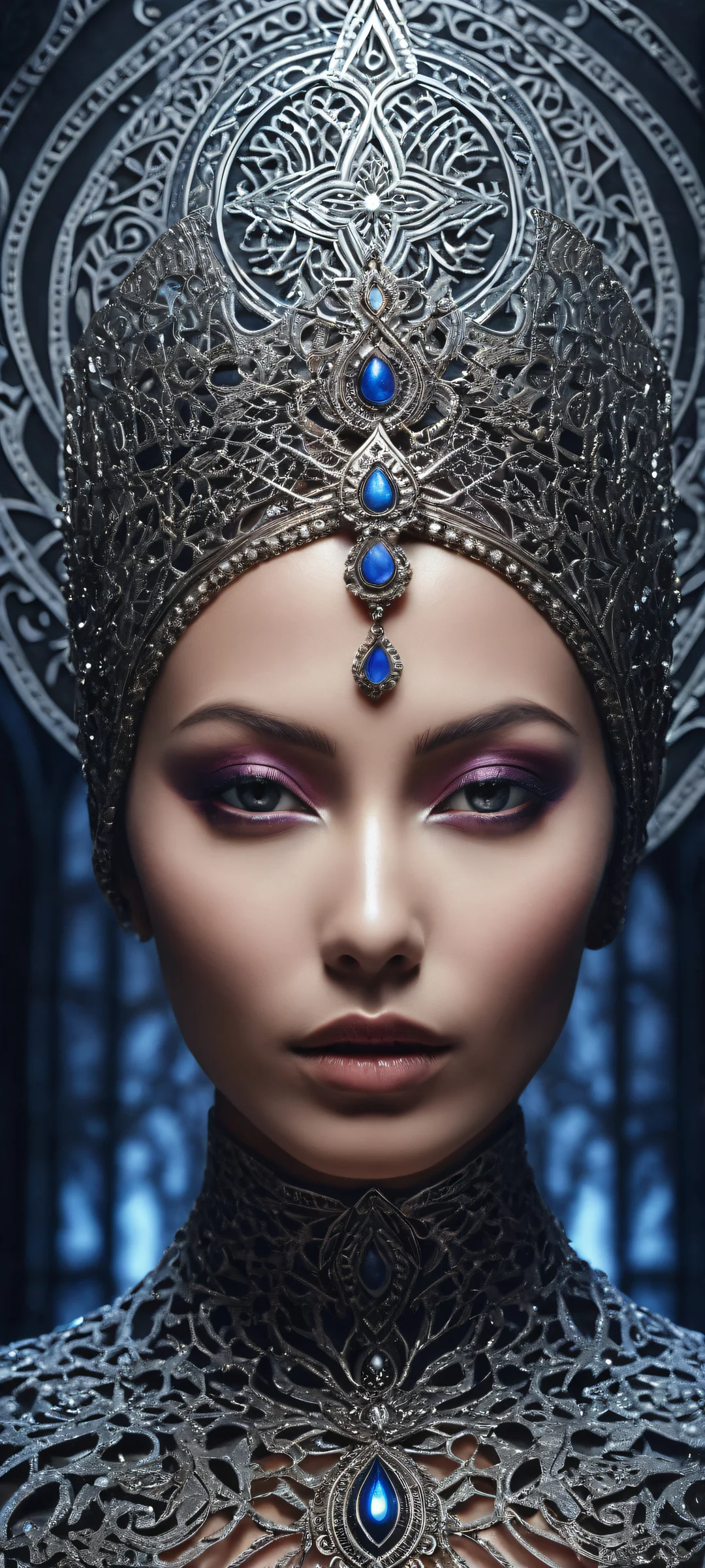 A mysterious woman surrounded by mystical symbols and patterns, perfekt optimiert für iPhone/Android-Startbildschirme.