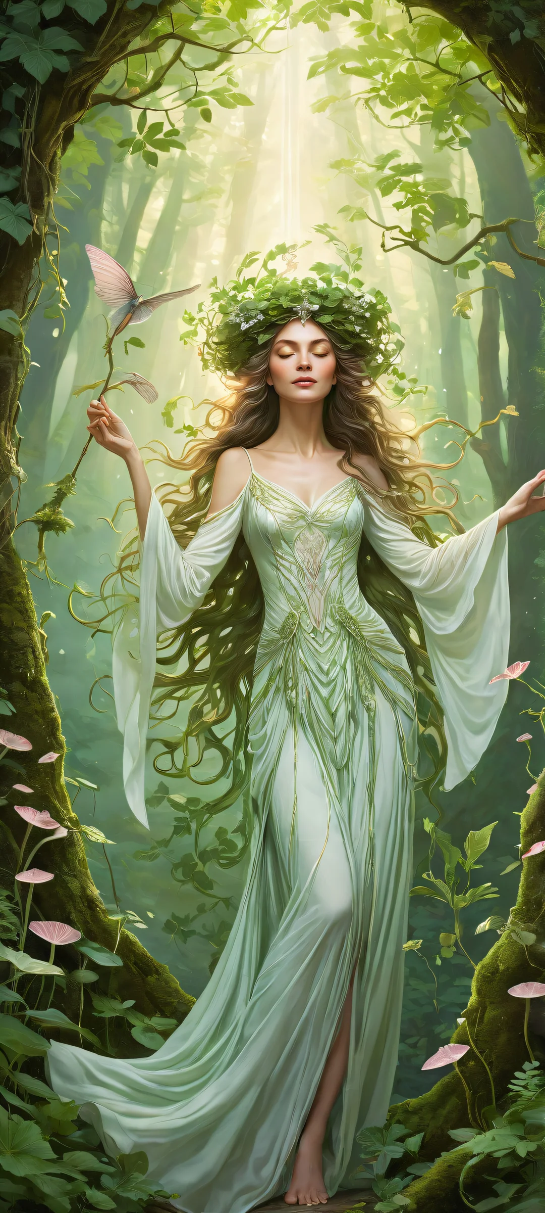 A delicate witch amidst a lush forest, iPhone/Android compatible