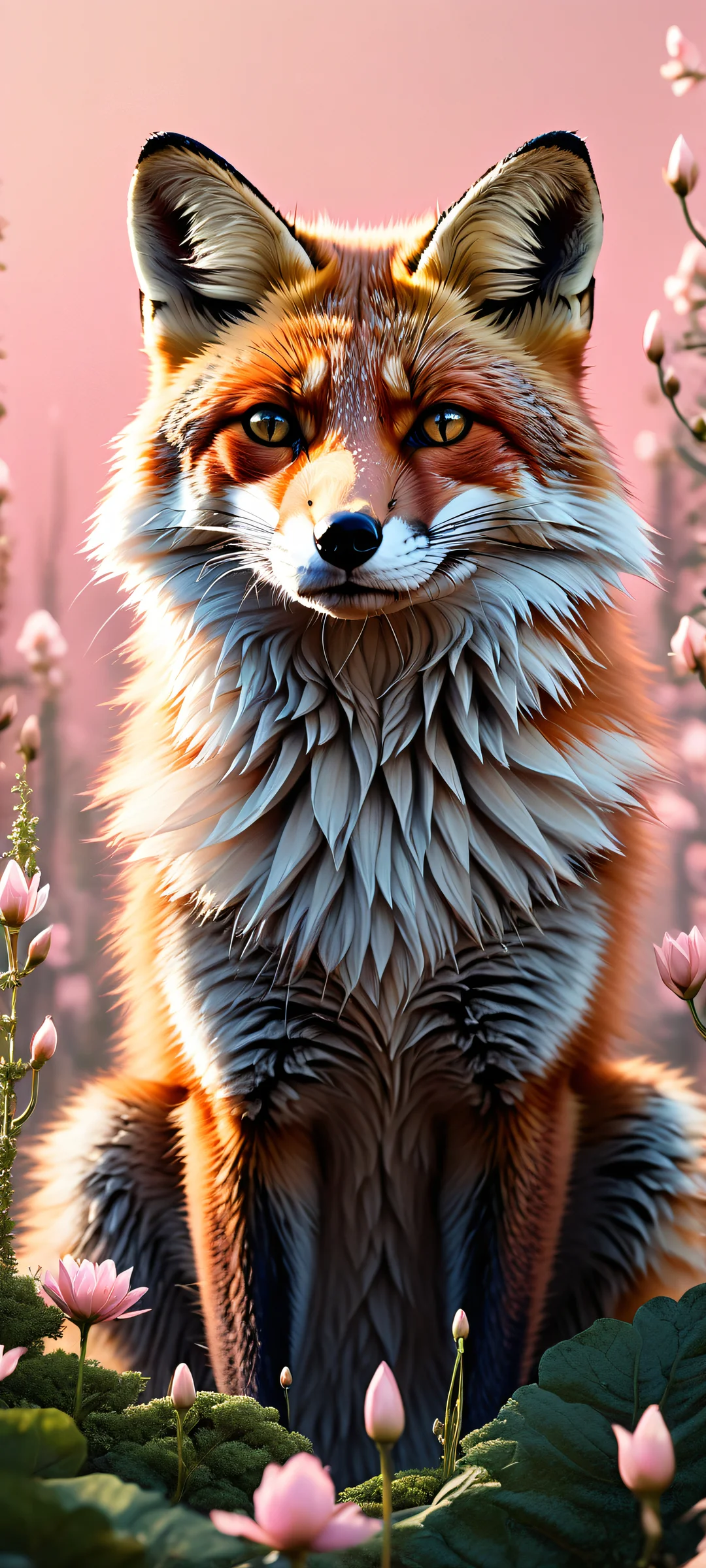 Whispers of the Wild 2K QHD Mobile Wallpaper A stunning anthropomorphic fox portrait for iPhone/Android home screens, featuring intricate details and a serene atmospheric background.