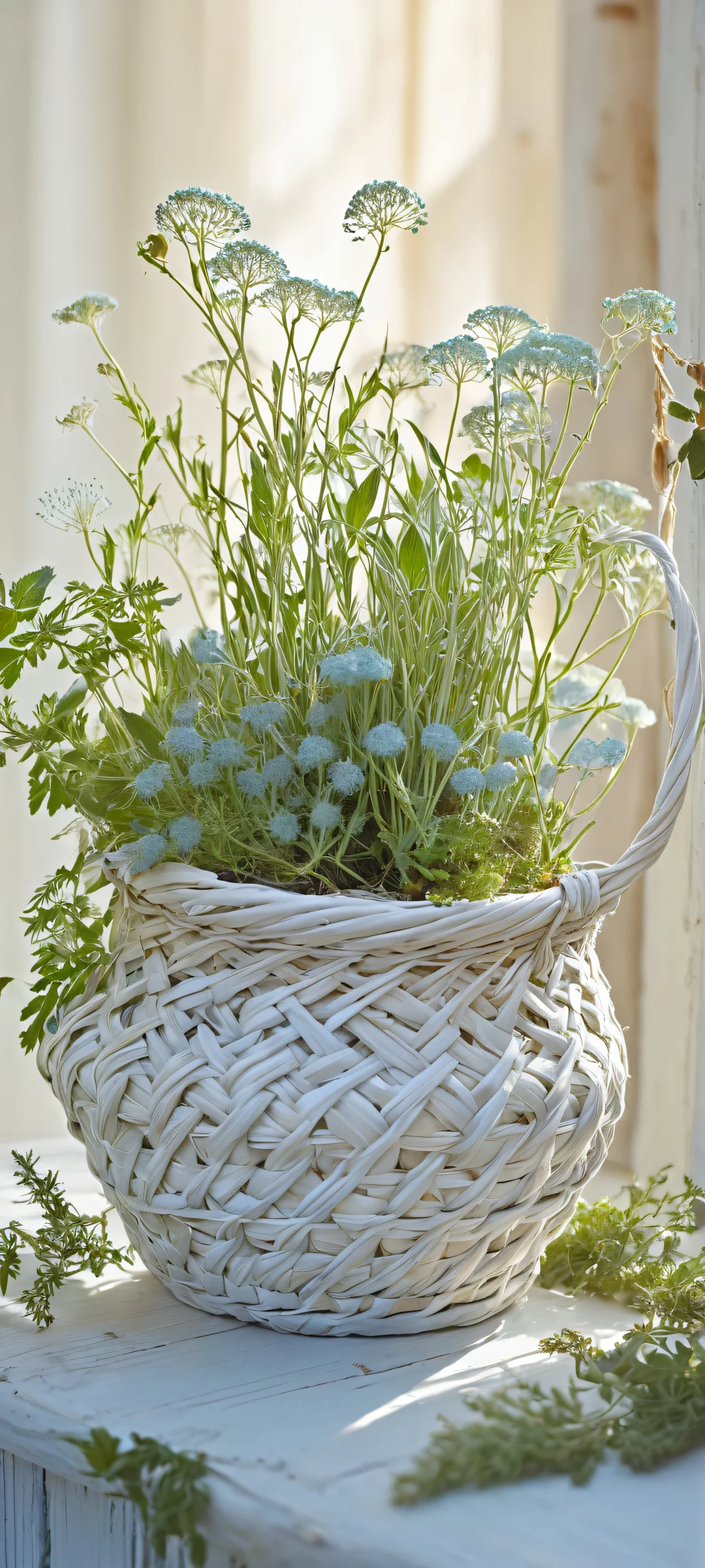 A delicate witch's hand holds a basket overflowing with rare herbs and fungus, perfectly lit for iPhone/Android home screens.