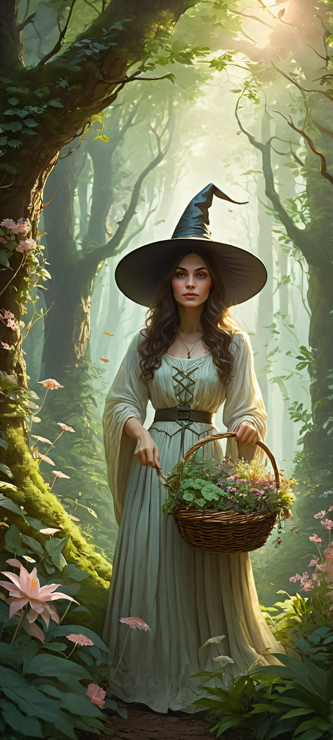 iPhone/Android users will be spellbound by this enchanting vertical portrait artwork featuring a witch gathering rare herbs and plants, Perfectamente optimizado para pantallas de inicio..