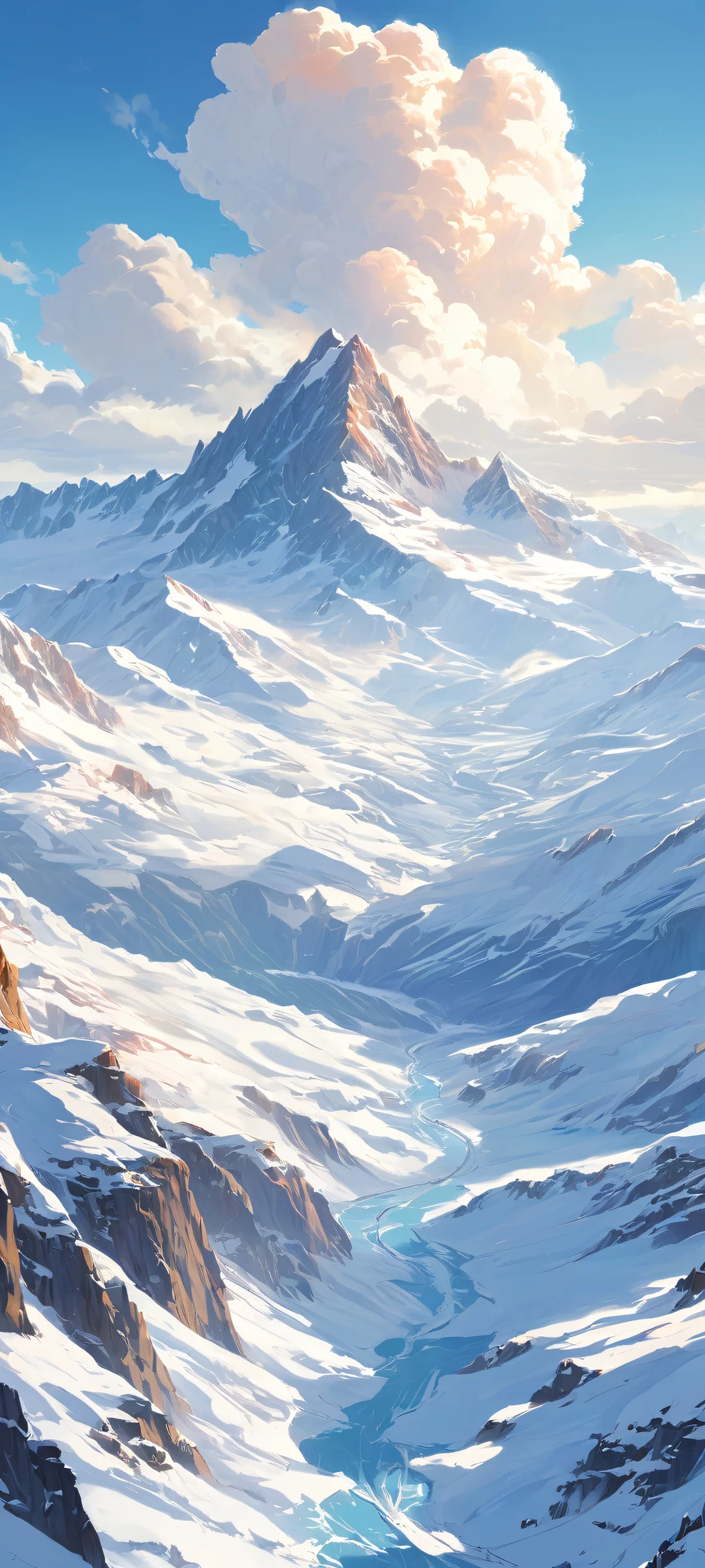 A serene iPhone and Android wallpaper featuring a whimsical digital painting of snow-capped mountains against a pale blue sky.