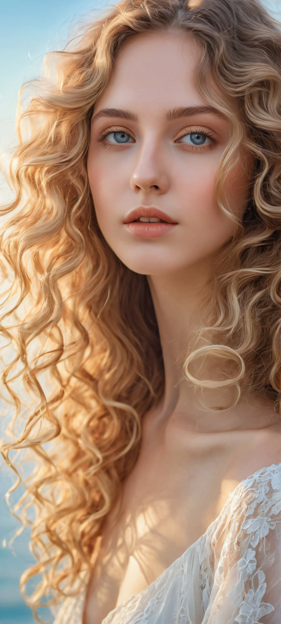 Whispers of Wonder Aesthetic Phone Wallpaperparfaitement optimisé pour les écrans d'accueil iPhone/Android Long-haired girl with floating curls and captivating gaze on a clean background - perfectly optimized for iPhone/Android home screens.