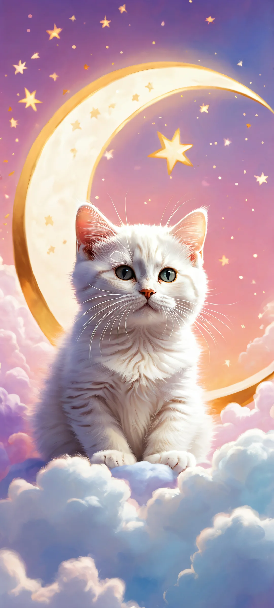 Dreamy kitten silhouette amidst ethereal clouds and stars against a pristine background, perfect for iPhone/Android home screens.
