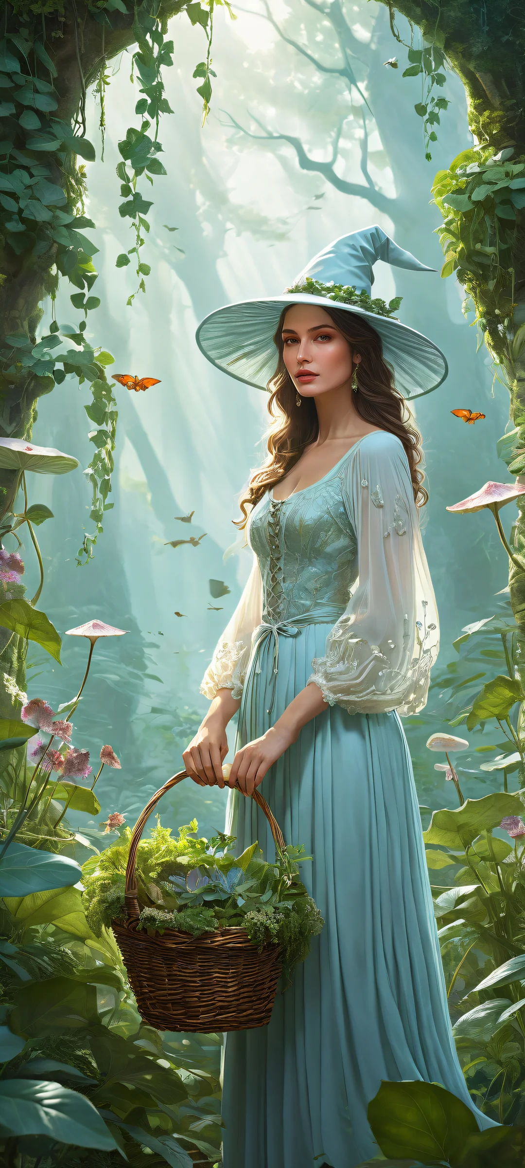 Delicate witch surrounded by lush herbs and fungi on a pristine iOS compatible background. iPhone/Android wallpaper featuring award-winning digital art.