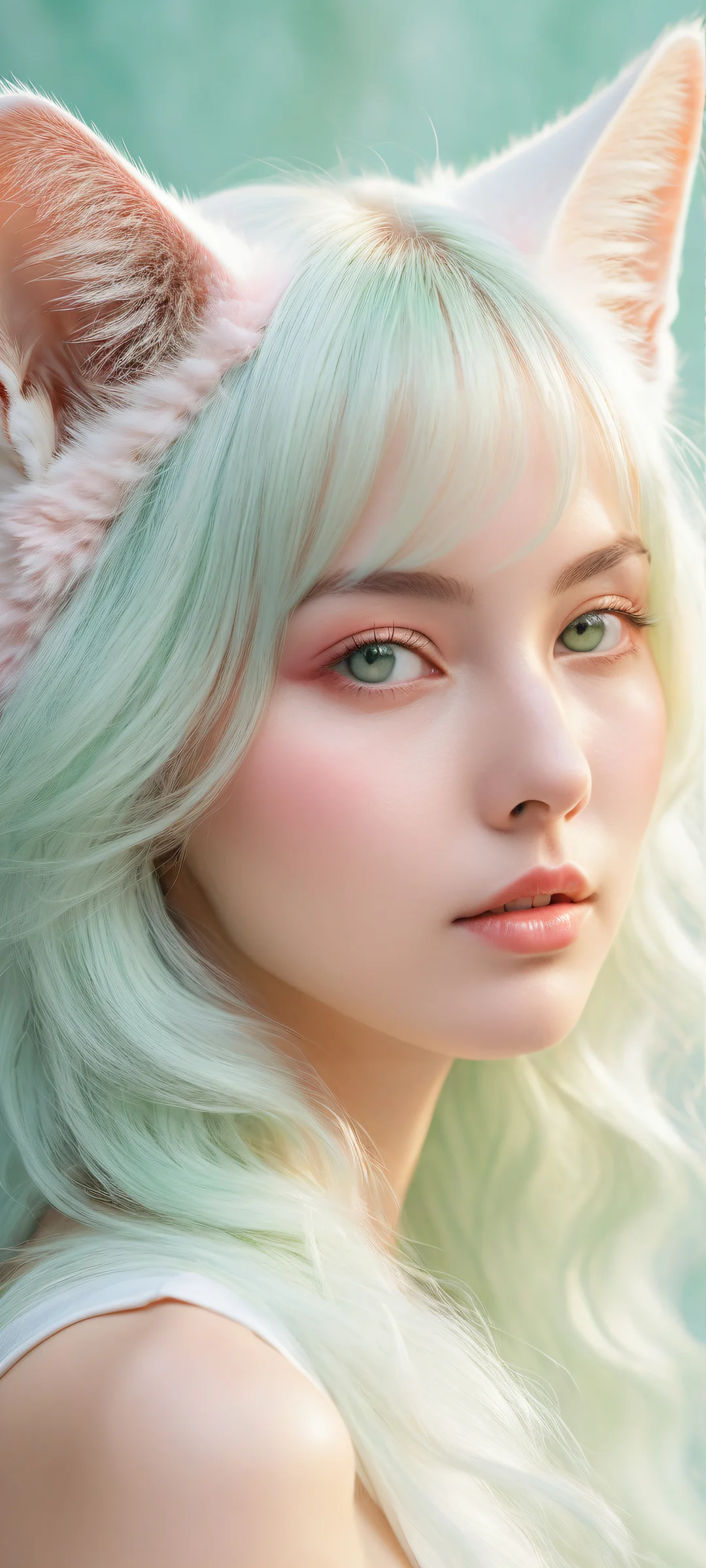 Delicate feline figure with cat ears and fluffy tail on a pastel gradient background for iPhone and Android home screens.