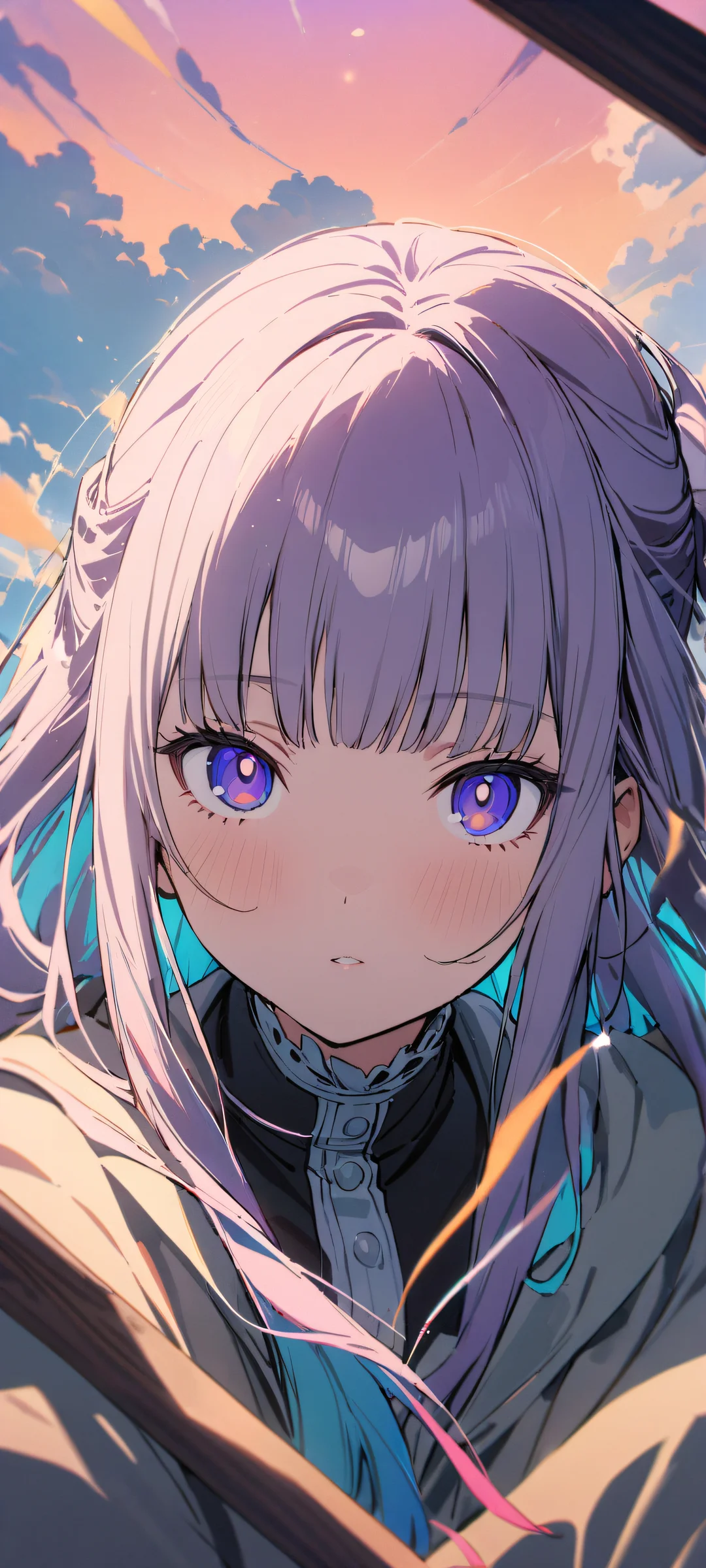 A girl gazes at you from amidst a lush fern, surrounded by soft pastel hues and touches of electric blue, perfect for iPhone or Android home screens.