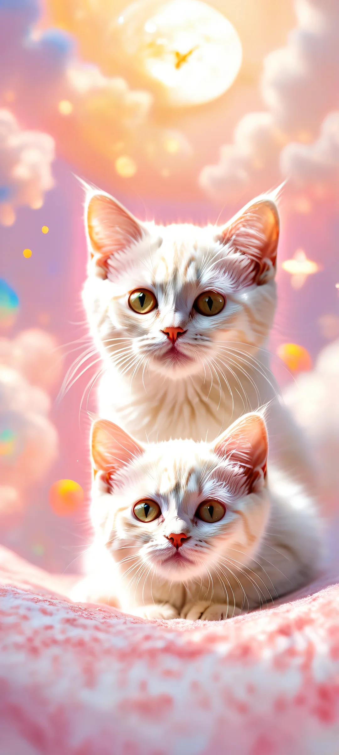 Whispers of Wonder 2K Mobile Background A serene featureless kitten surrounded by dreamy bokeh colorful paints on a pristine white background, perfect for iPhone/Android home screens.