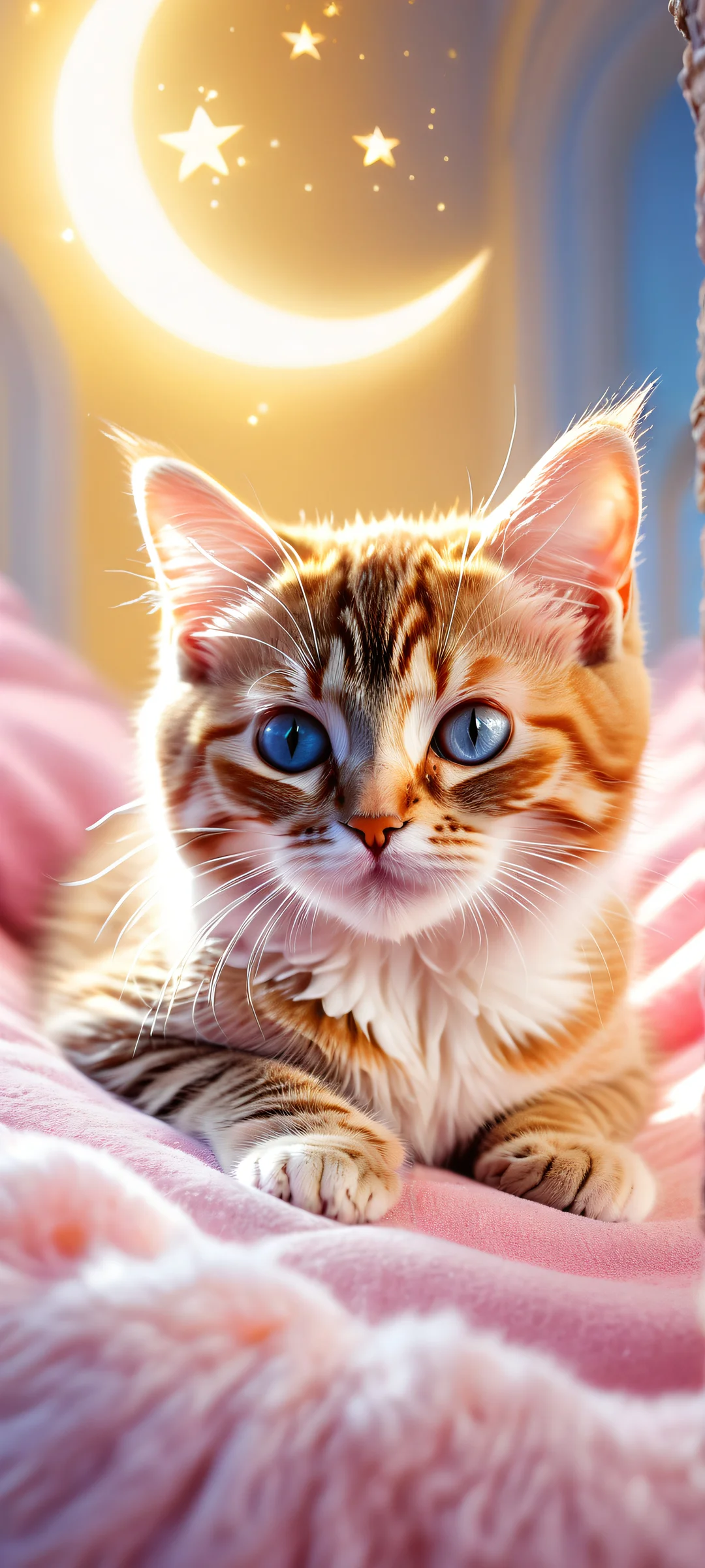 A serene and enchanting iPhone/Android wallpaper featuring a sleeping kitten amidst a cosmic landscape with fluffy clouds, stars, and a crescent moon-shaped inner body.