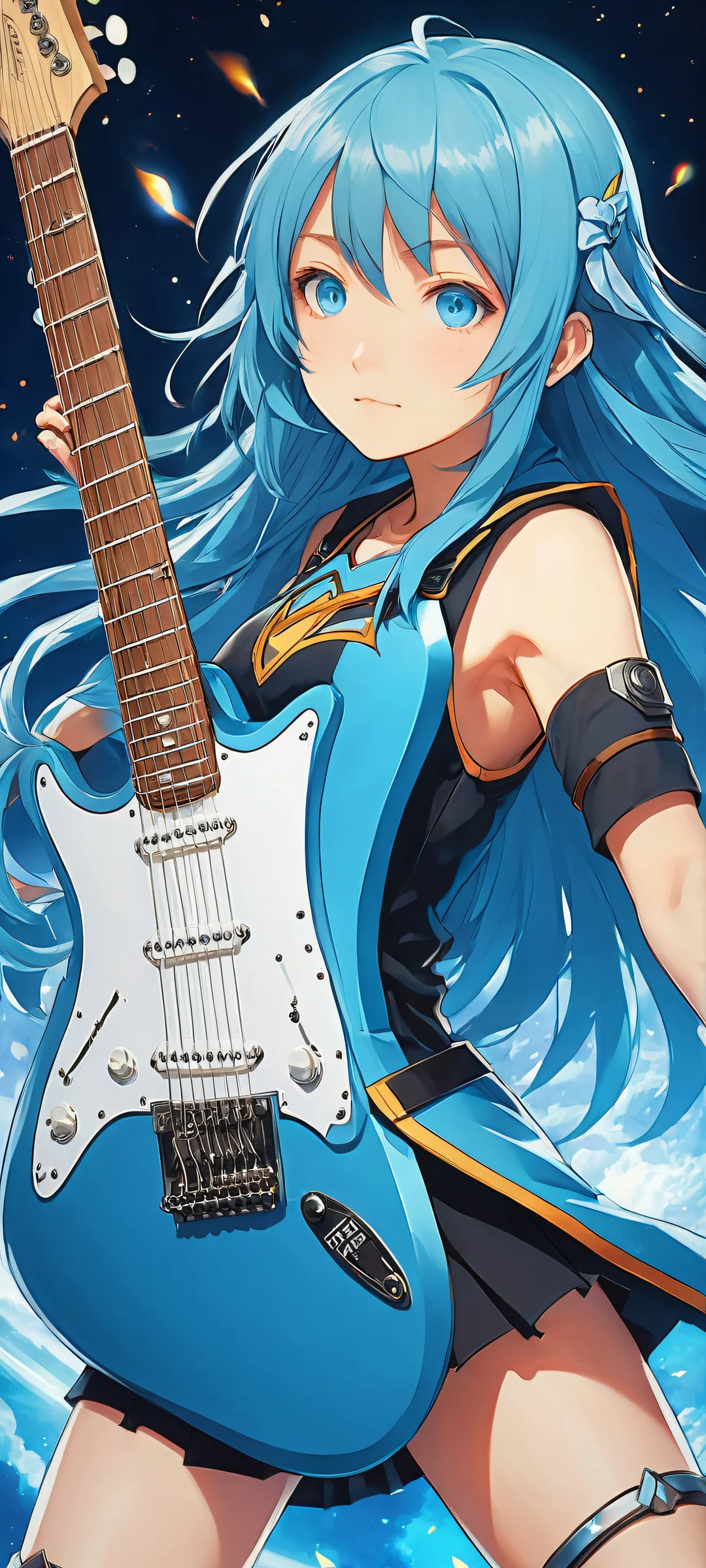 A young girl with striking blue hair and piercing blue eyes playing an electric guitar, iPhone に完全に最適化, サムスンギャラクシー, と Android のホーム画面.