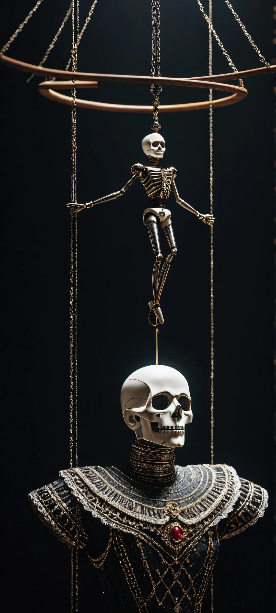 A stunning iPhone/Android wallpaper featuring a marionette amidst a vast pure void, with intricate micro-details and perfect clarity.