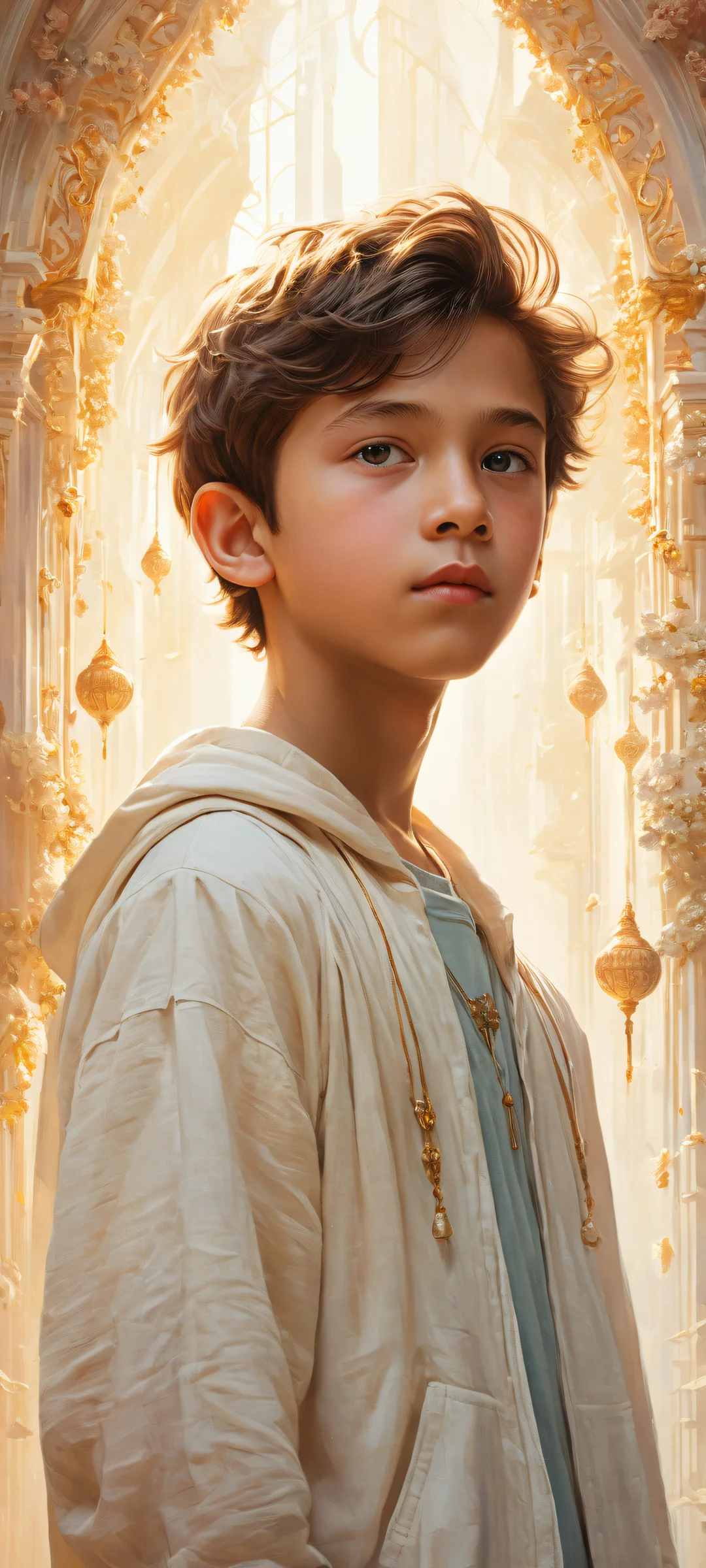 Concept art of a boy with insane micro-details on an iPhone or Android device background.