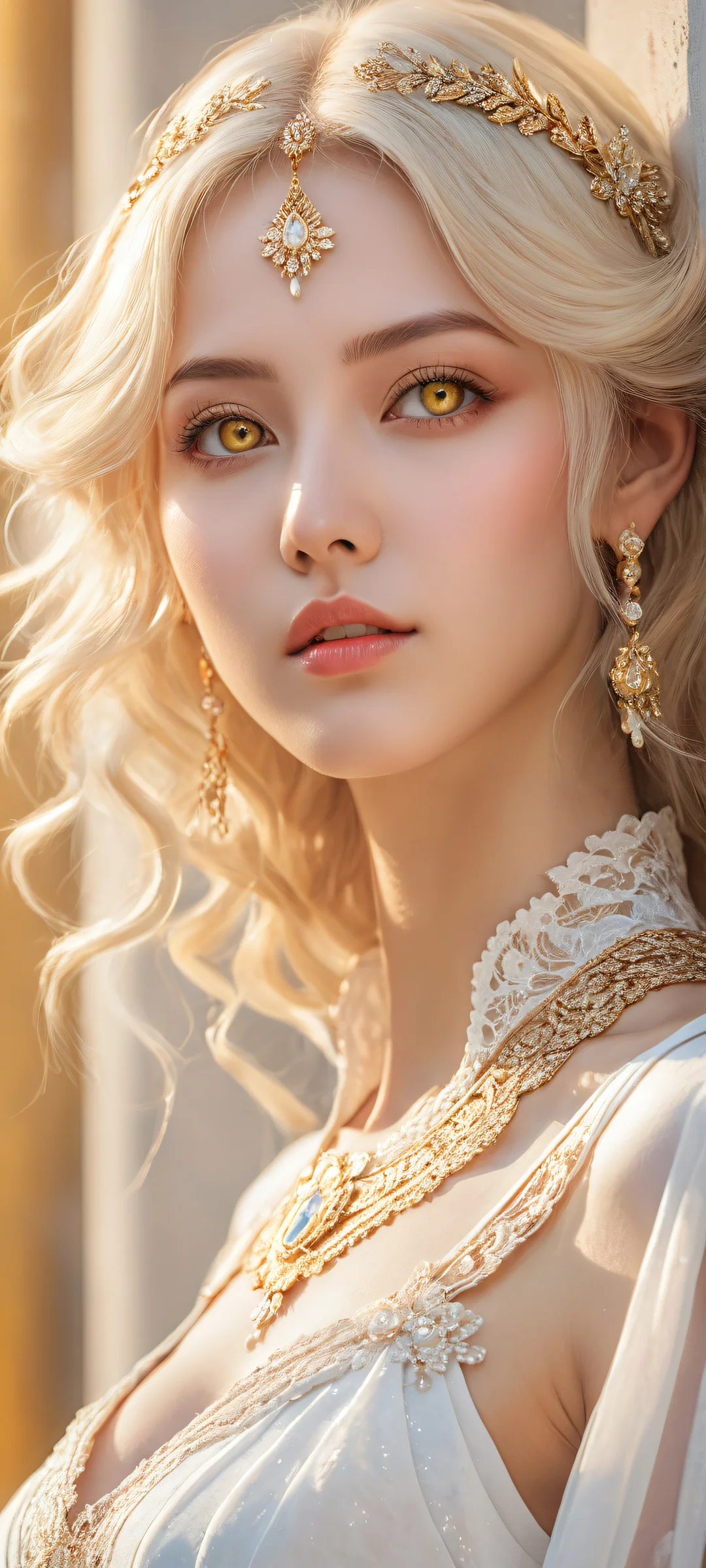 A majestic anime girl with blonde hair and yellow eyes on a gradient background with subtle pastel colors, optimized for iPhone/Android home screens.