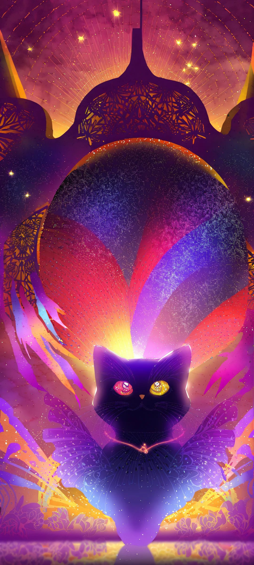A black chibi anime cat watches in awe at a mesmerizing display on iPhone/Android