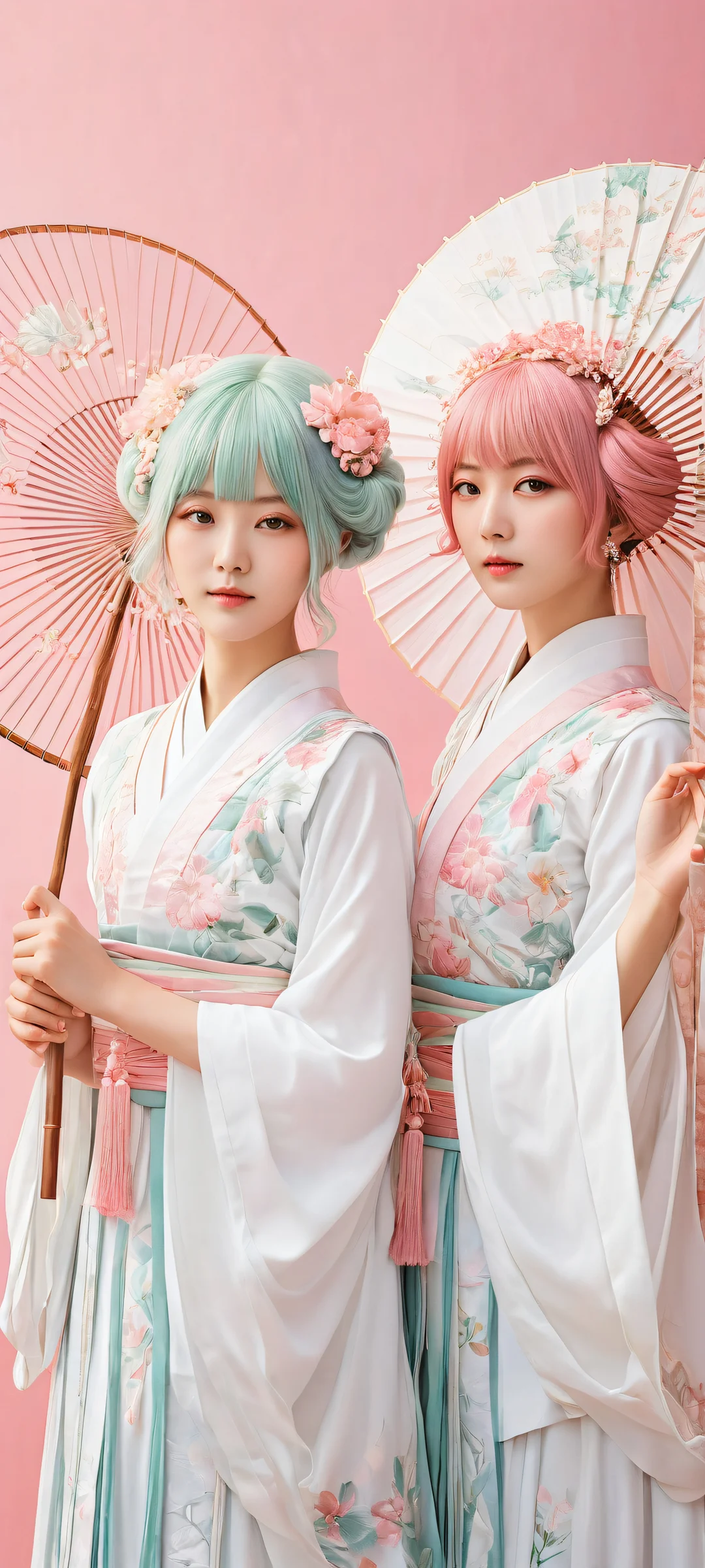 Ethereal portrait of Saigyouji Yuyuko and Konpaku Youmu, perfectly optimized for iPhone/Android home screens with exquisite details on a hand fan.