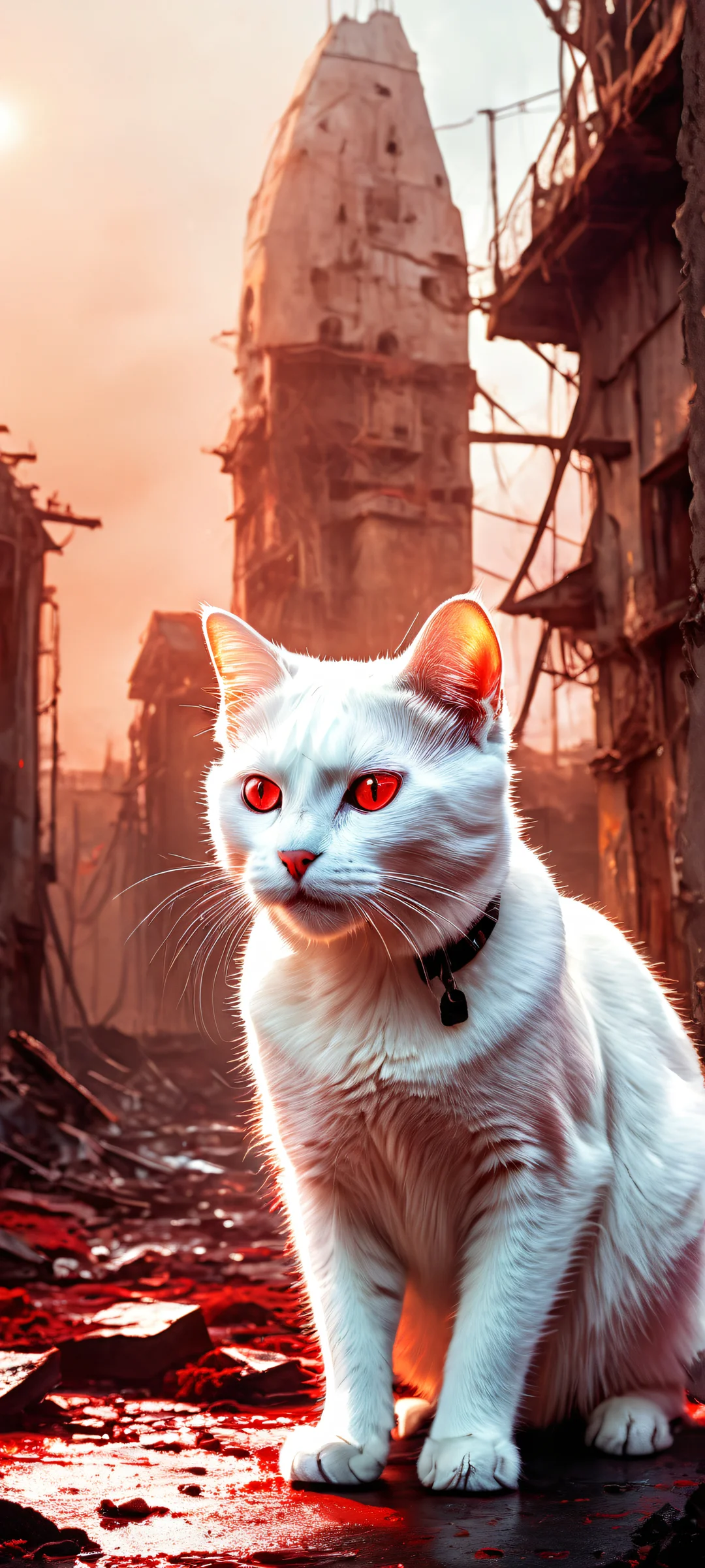 A majestic white cat stands against a backdrop of post-apocalyptic ruins, perfectly visible on iPhone and Android devices with crisp detail and vibrant colors.
