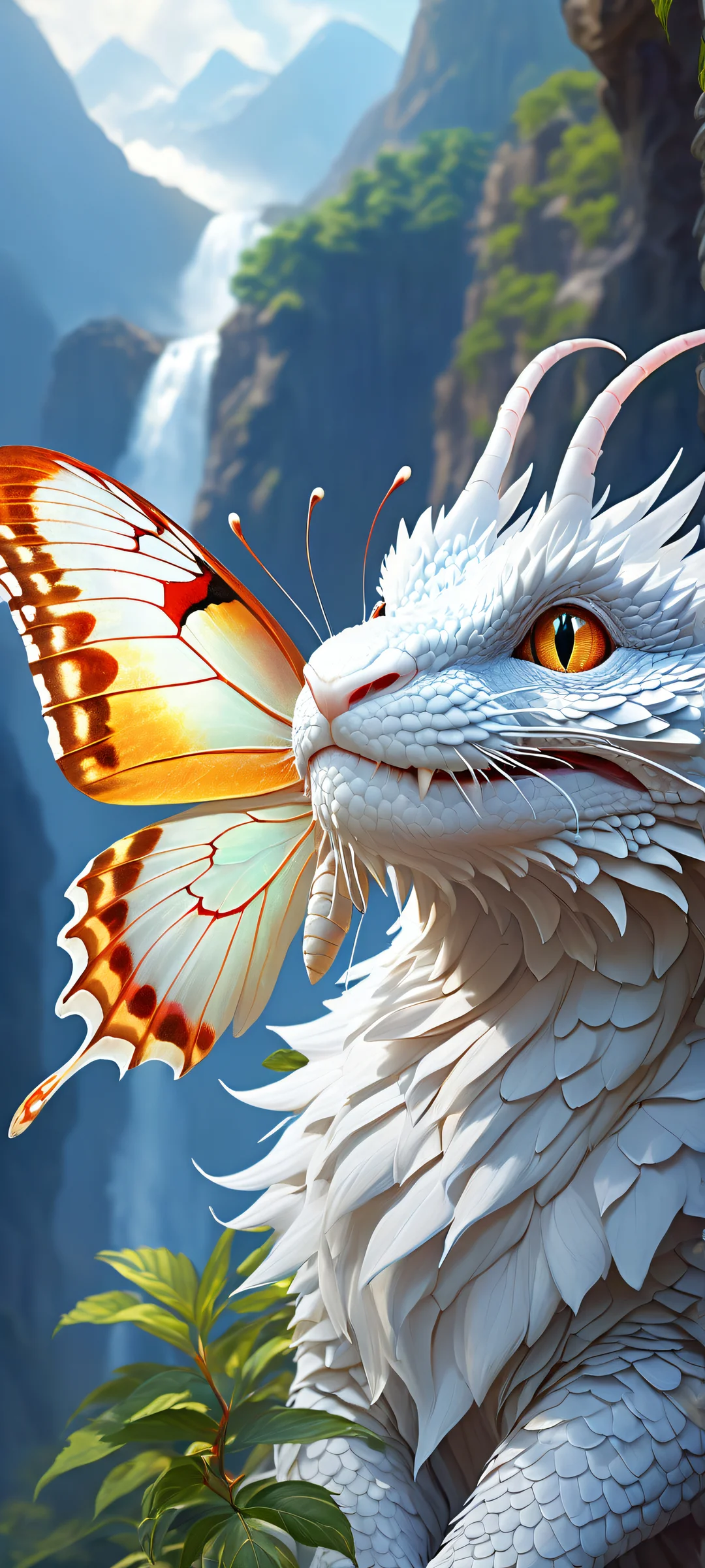 A surprised white dragon with a magical butterfly on its nose, perfeito para telas iniciais de iPhone/Android.