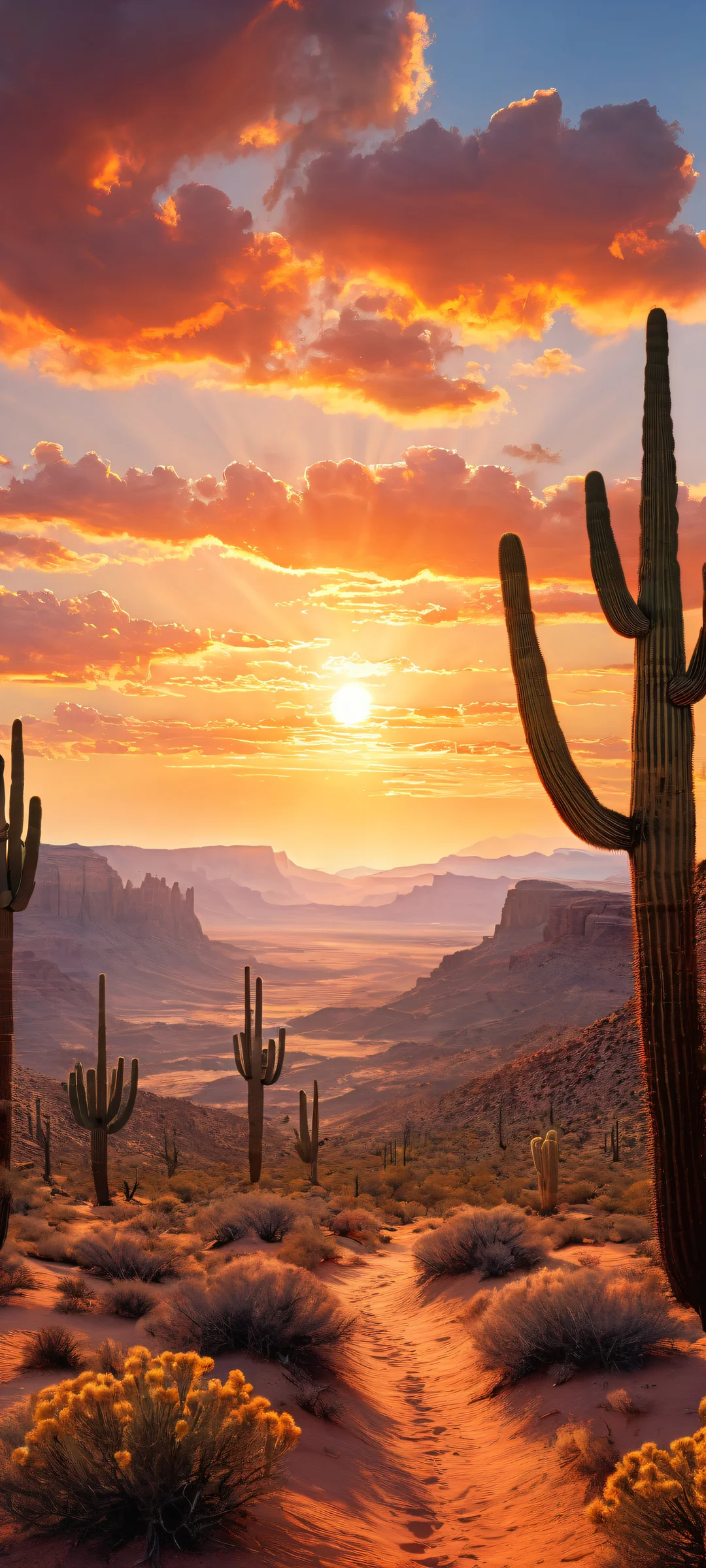 A majestic iPhone/Android-friendly sunset artwork featuring rugged terrain and cacti in the lower-middle, with a breathtaking landscape of rolling hills and endless skies in the top half.