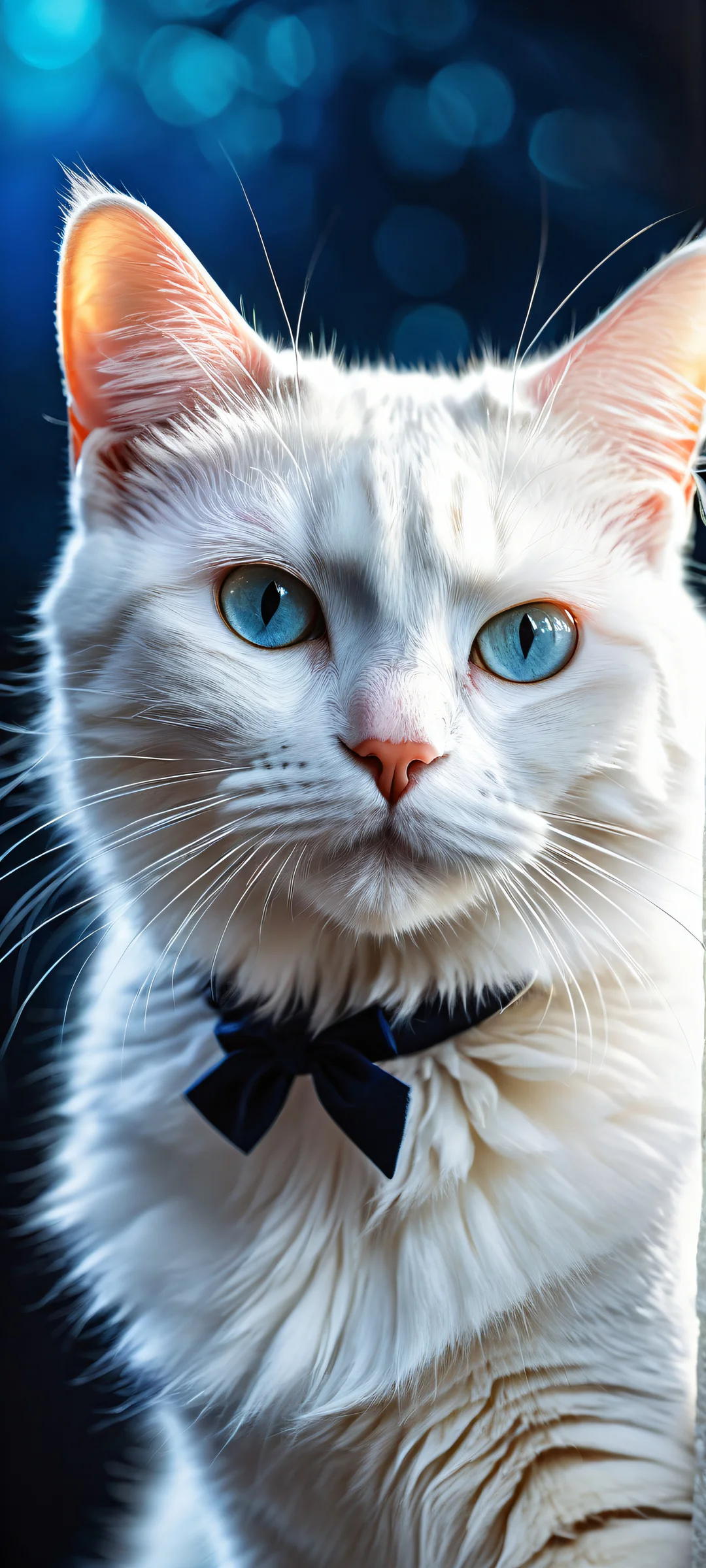 Delicate white bow against a mystical black cat's fur, iPhone/Android wallpaper with whimsical details and soft ethereal lighting.
