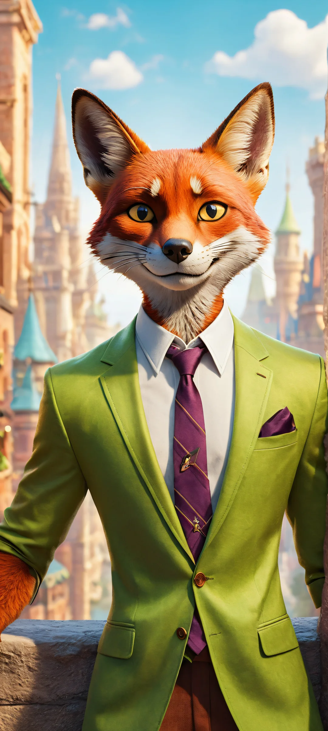 A breathtaking portrait of Nick Wilde against a vibrant cityscape, perfectly optimized for iPhone and Android home screens.