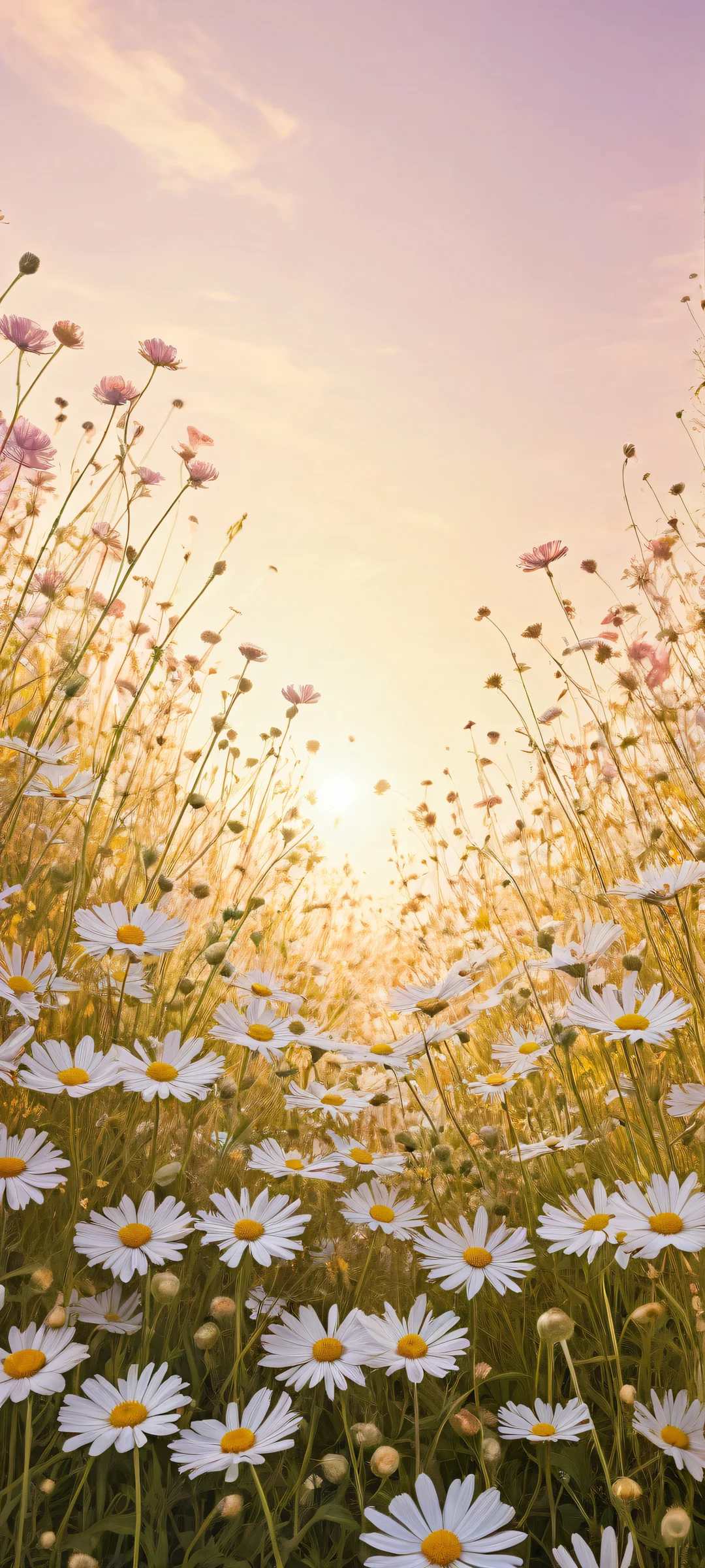 Delicate wildflowers placed in the lower-middle on a perfectly clean and empty top half with vast pure void. Perfekt für iPhone-/Android-Startbildschirme.