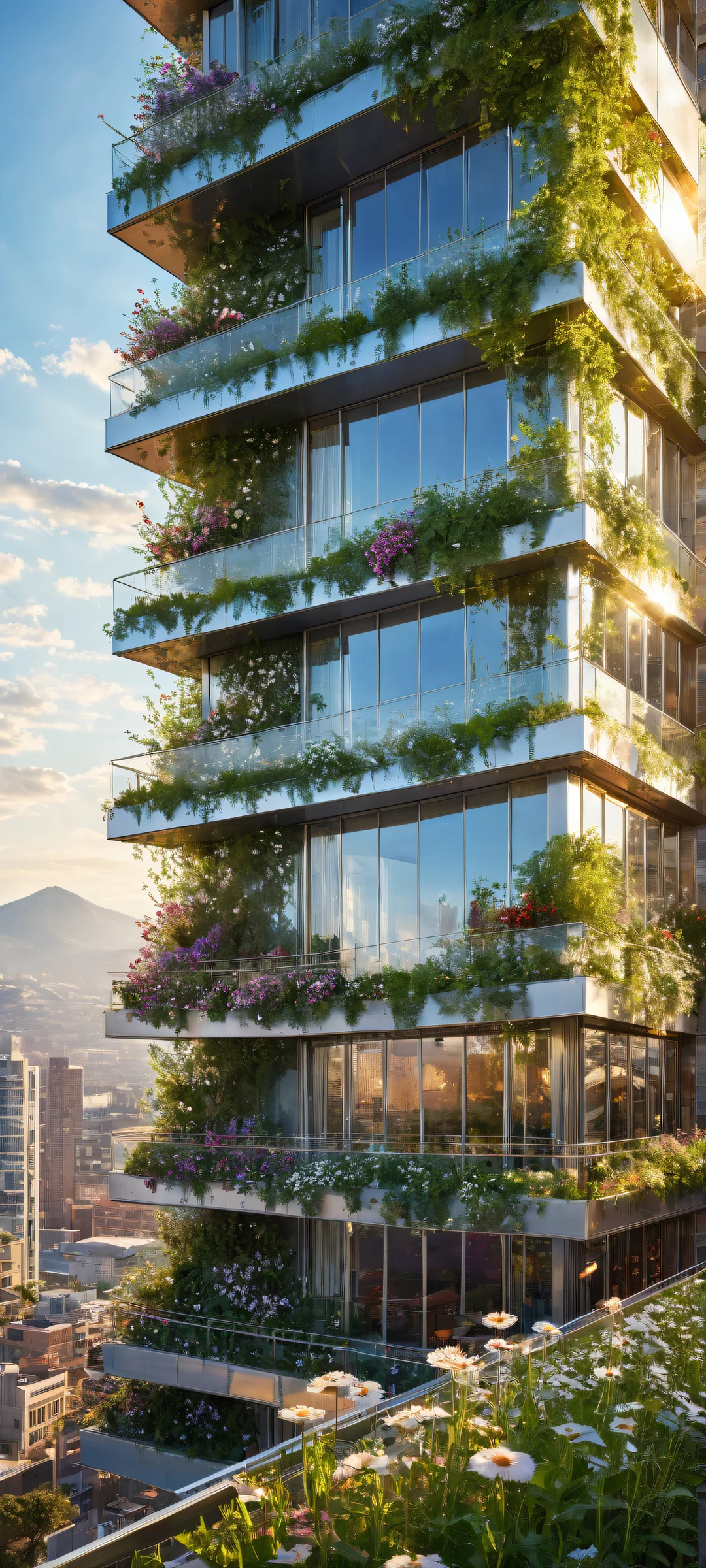 Breathtaking vertical portrait of blooming wildflowers on a futuristic building's rooftop garden, with stunning ray-traced reflections and subtle lighting effects. Perfekt optimiert für das iPhone, Samsung Galaxy, und Android-Startbildschirme.