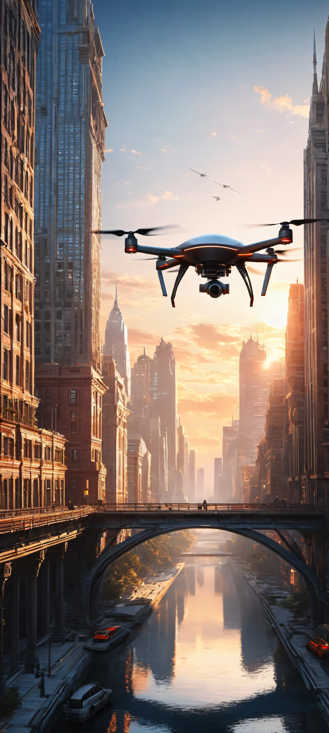 A lone winged drone descends amidst a futuristic cityscape with towering skyscrapers, iPhone/Android.