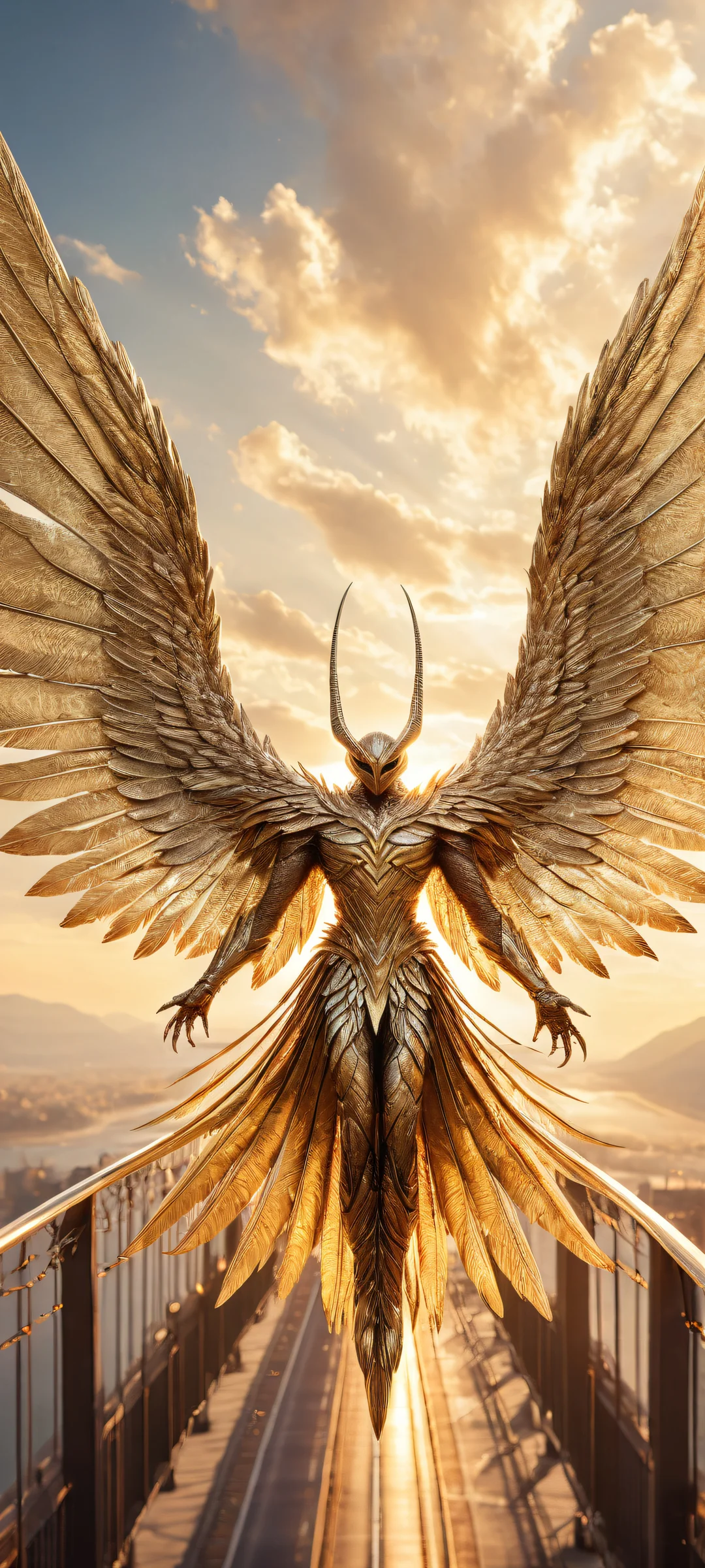 A majestic winged creature stands proudly on a bridge, its metallic wings glistening in ethereal light as the iPhone/Android screen fades to pure void above.