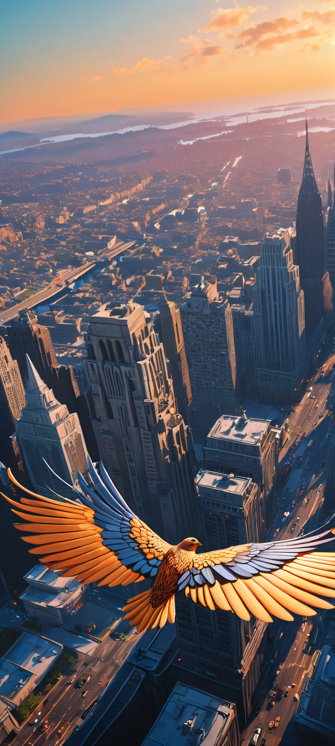 A beautiful Wings of Juice WRLD portrait on iPhone/Android, with a stunning Art Deco cityscape in the background, featuring dark mode aesthetic and luminescent accents.