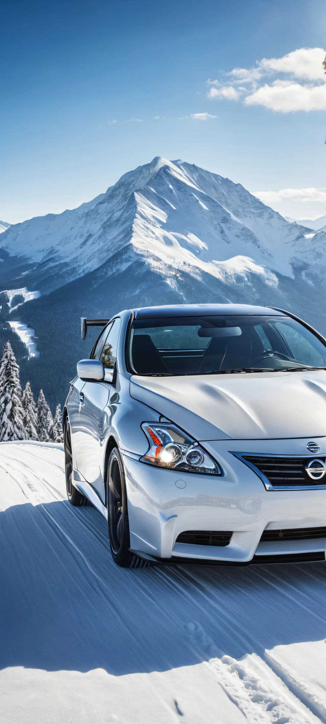 A breathtaking vertical portrait of a Nissan vehicle placed in the lower-middle, with intricate micro-details on licence plates and snowy peak mountain ranges. Perfectly optimized for iPhone, Samsung Galaxy, and Android home screens.