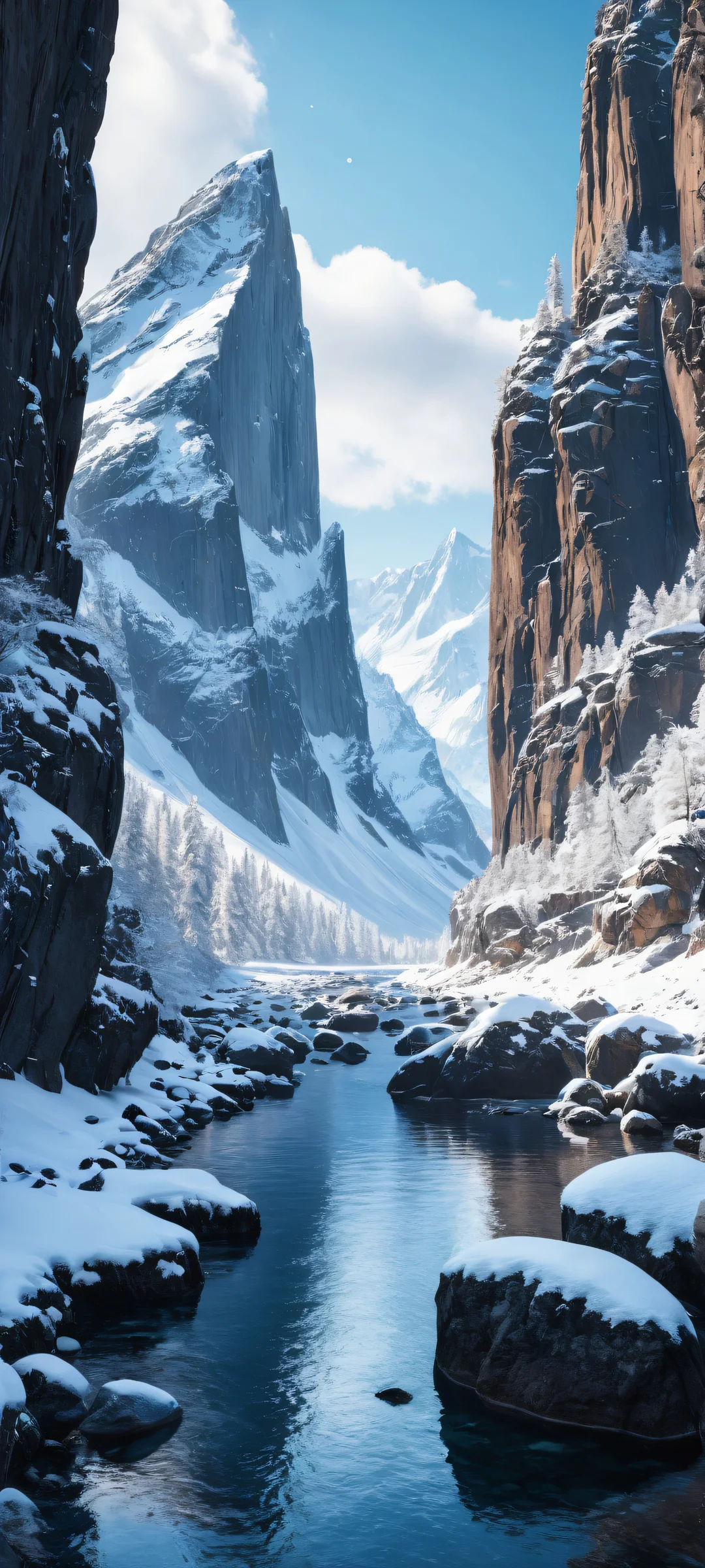 iPhone/Android compatible wallpaper featuring a breathtaking winter scene from Planet Lana II with intricate micro-details of snow-covered rocks and serene atmospheric lighting.