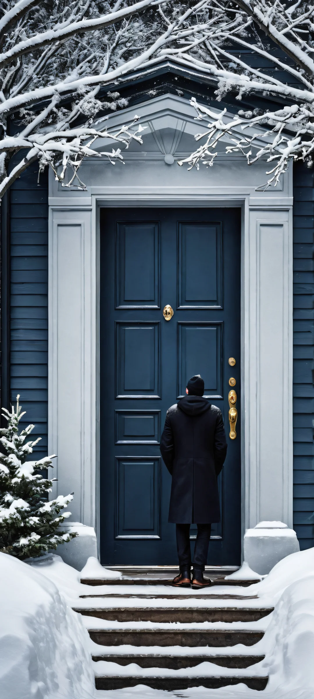 iPhone and Android users can enjoy this breathtaking digital artwork of men standing in front of a door on a snowy day. The detailed snowflakes and tree branches add to the stunning visual impact.