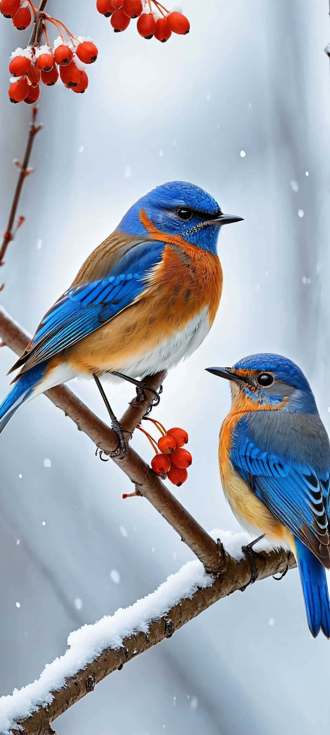 A majestic pair of Western Bluebirds perched on a snowy branch laden with bright red berries, perfekt optimiert für iPhone/Android-Startbildschirme.