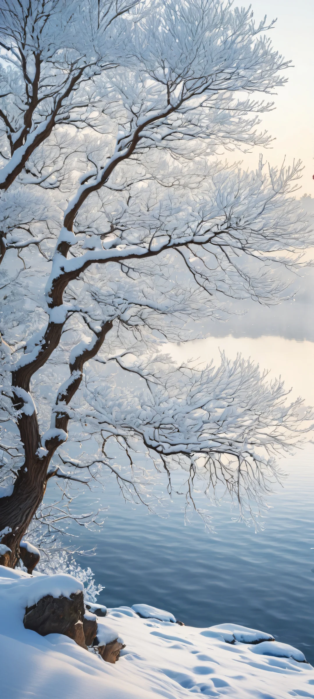 A majestic tree stands in the foreground of a serene winter landscape featuring a peaceful lake, snow-covered trees, and a rustic pier on an iPhone/Android home screen.