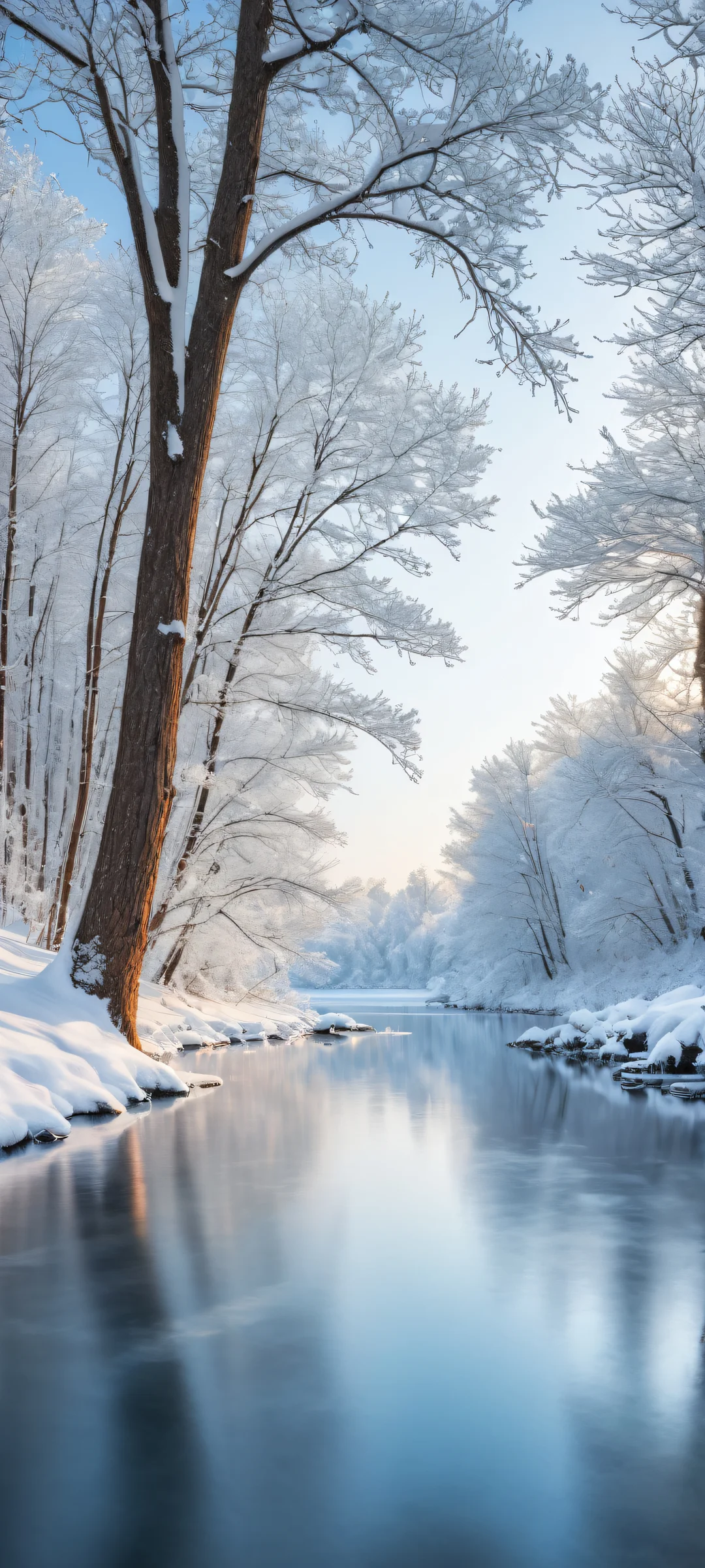 iPhone/Android users can adorn their screens with this breathtaking winter scene featuring snow-covered trees and a serene landscape.