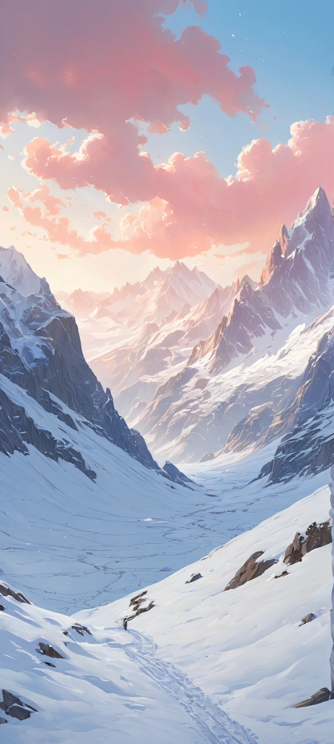 A serene digital painting of a whimsical scene featuring an innocent subject placed in the lower-middle amidst a harsh winter landscape. Suitable for iPhone and Android devices.