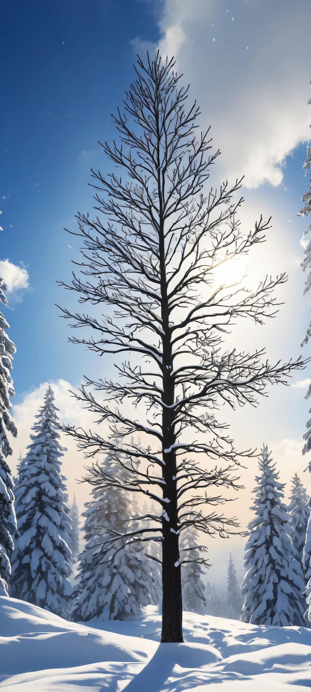 iPhone/Android-compatible vertical portrait artwork of Sun amidst snowflakes and winter landscape, with sleek Dark Mode aesthetic.