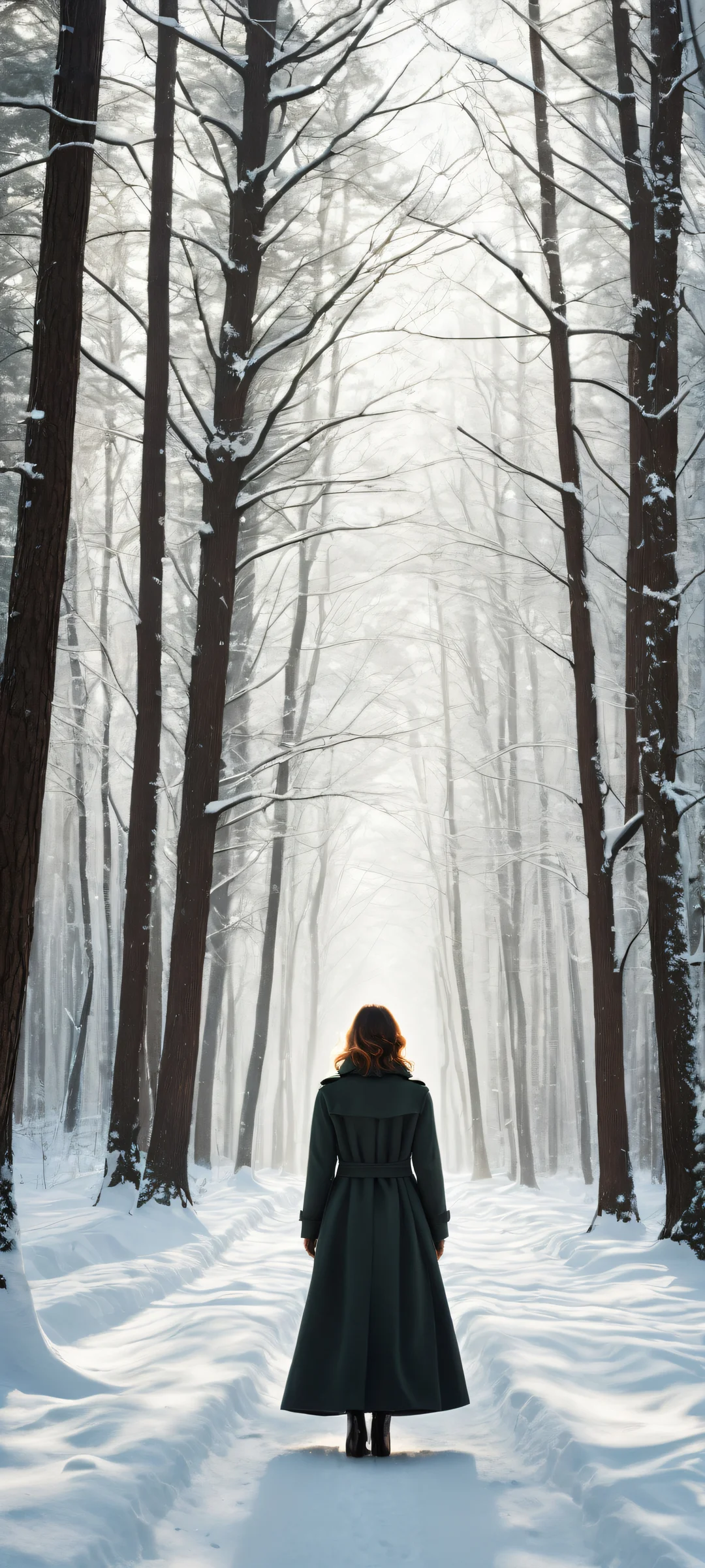 A solitary woman in a long black coat stands amidst a desolate winter forest on an iPhone or Android device.