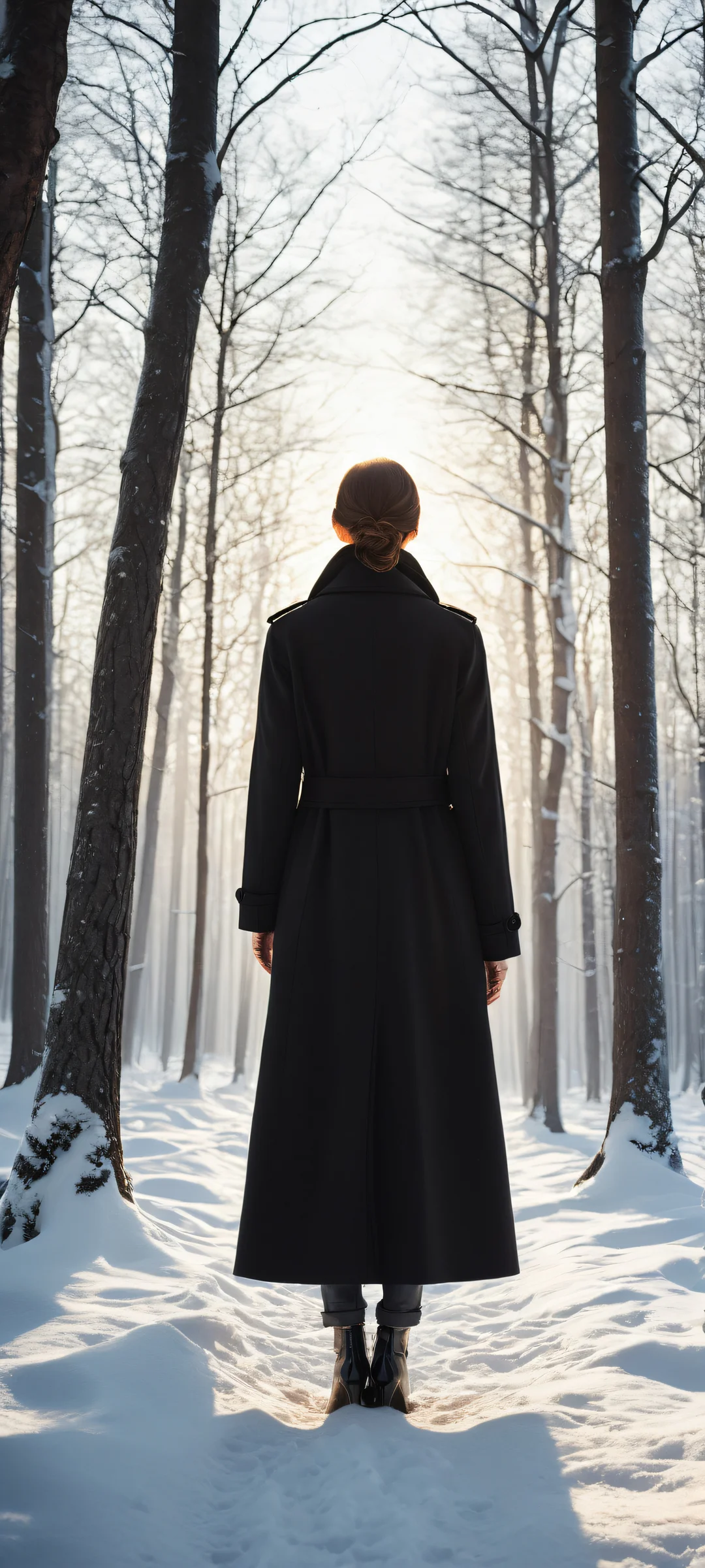 A solitary woman in a long black coat stands against the backdrop of a desolate winter forest on your iPhone or Android device. Perfect for home screens.