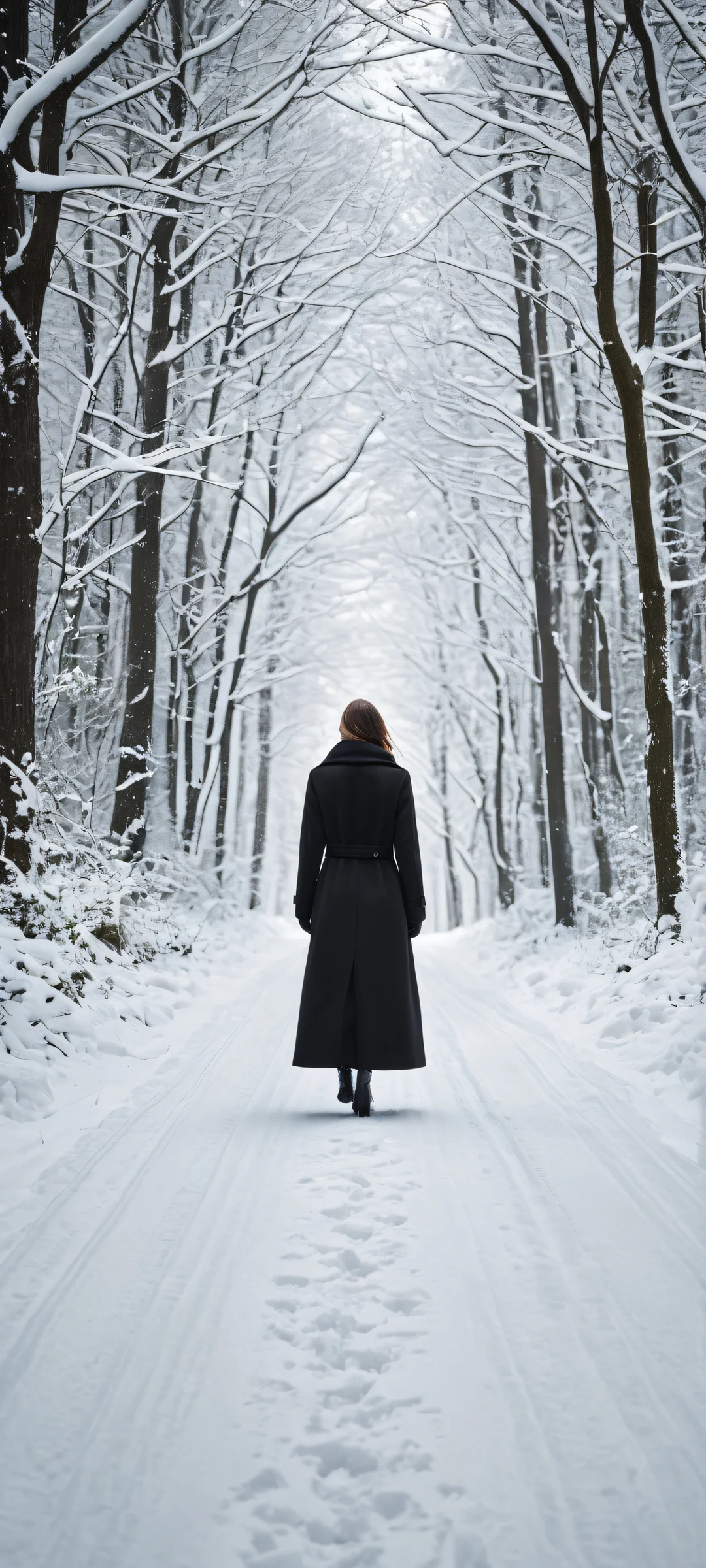 A solitary woman in a long black coat stands amidst the desolate winter forest, perfect for iPhone and Android home screens.