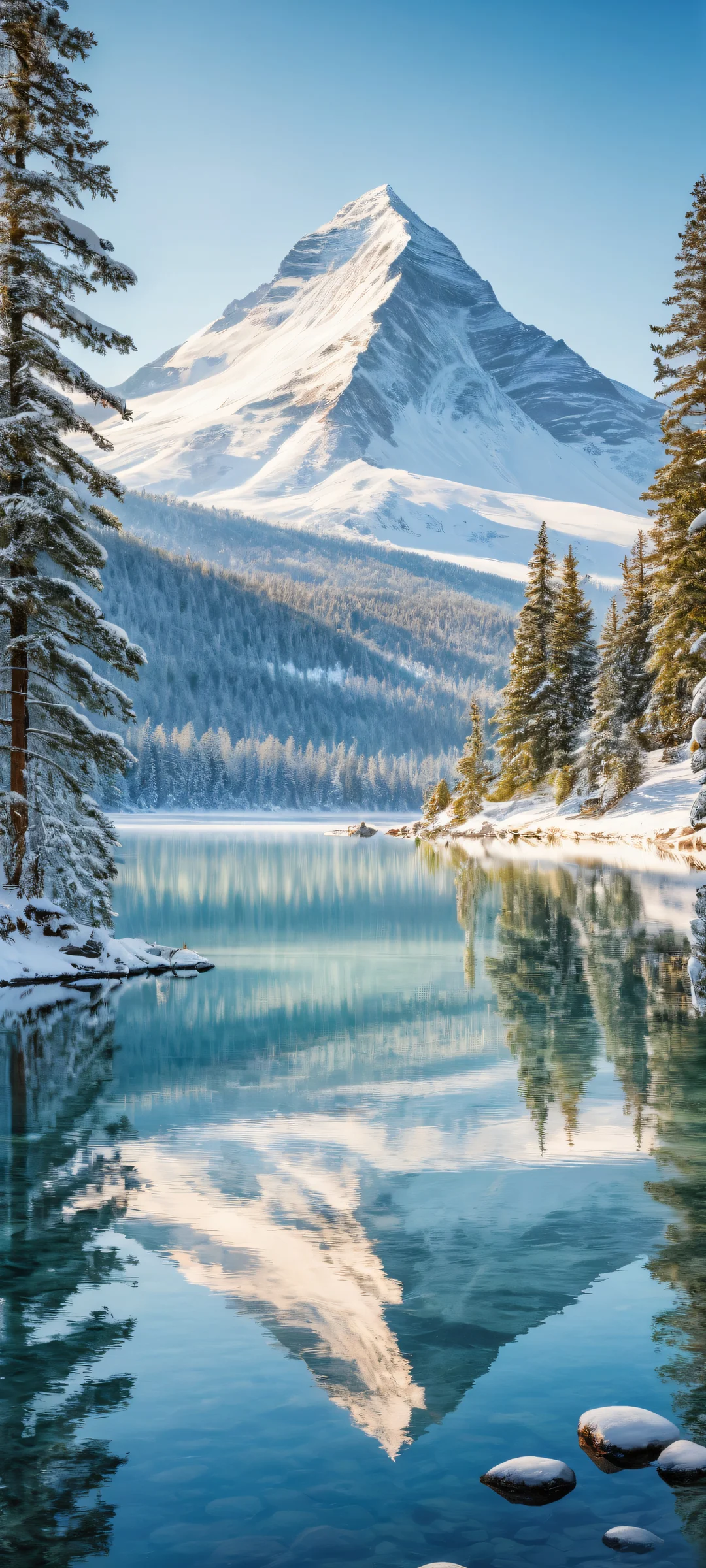 Serene winter scene with a tranquil cabin and pond, Perfectamente optimizado para pantallas de inicio de iPhone/Android..