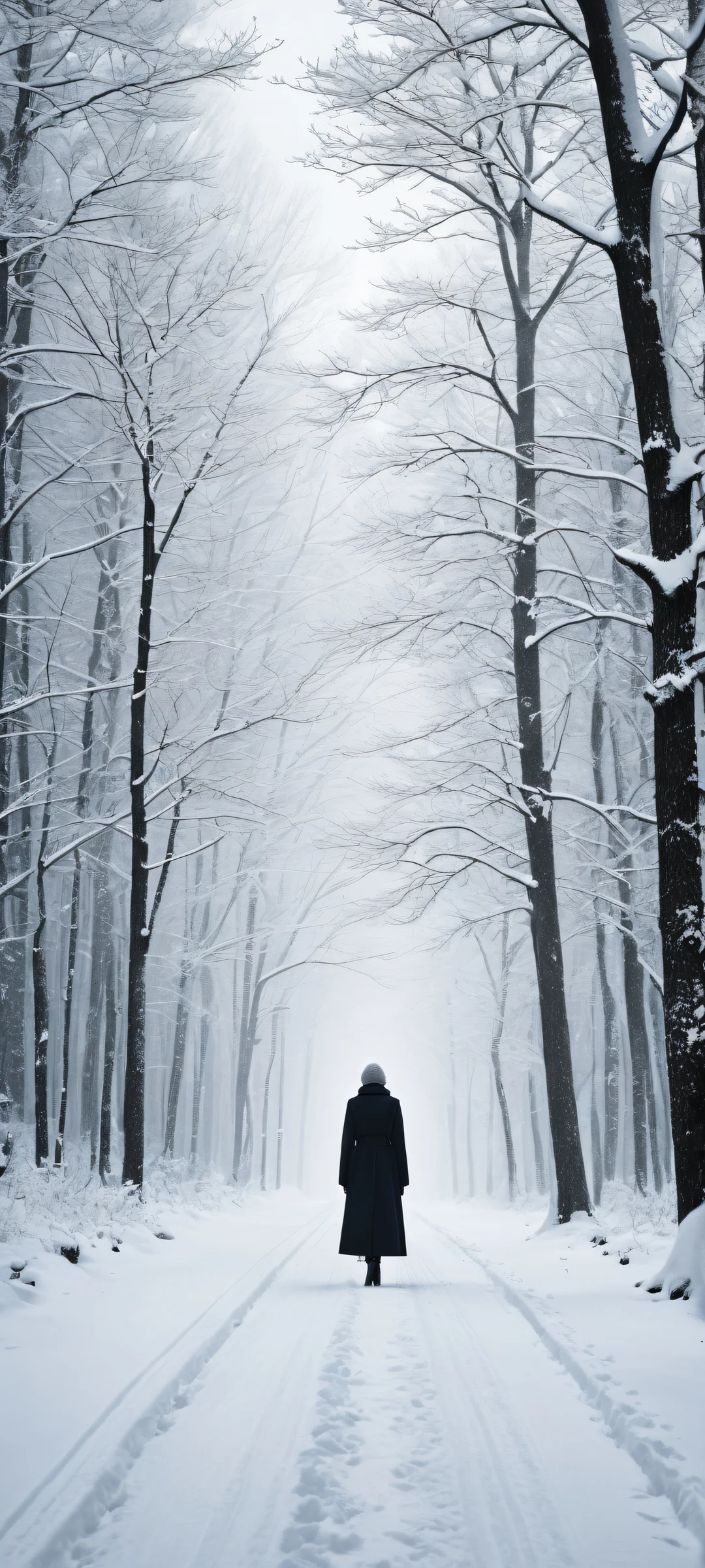 A serene winter scene featuring a solitary woman in a long black coat standing amidst the desolate forest. Perfect for iPhone and Android home screens.